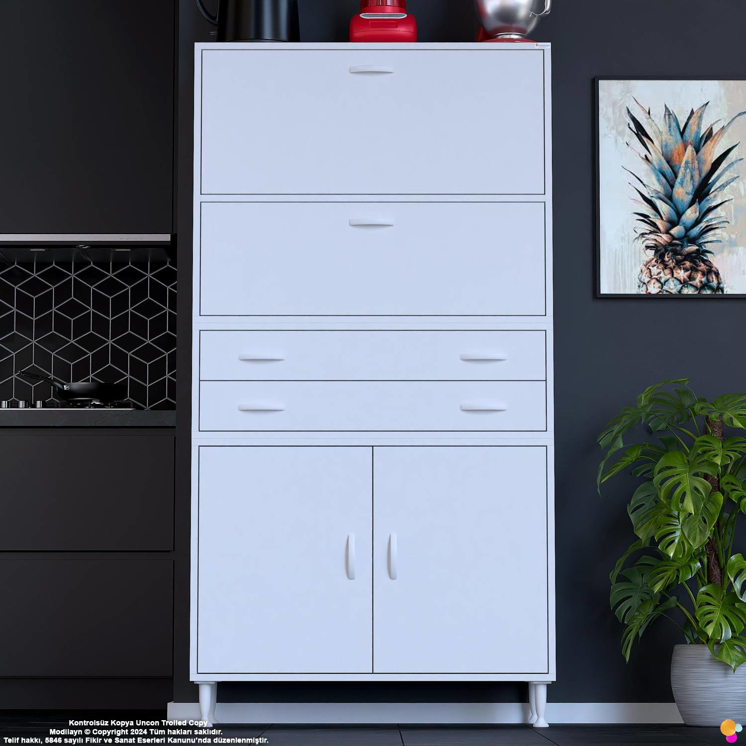 Nexa 90 cm 2 Çekmece 4 Kapaklı Çok Amaçlı Mutfak, Bakliyat ve Kah - Görsel 3