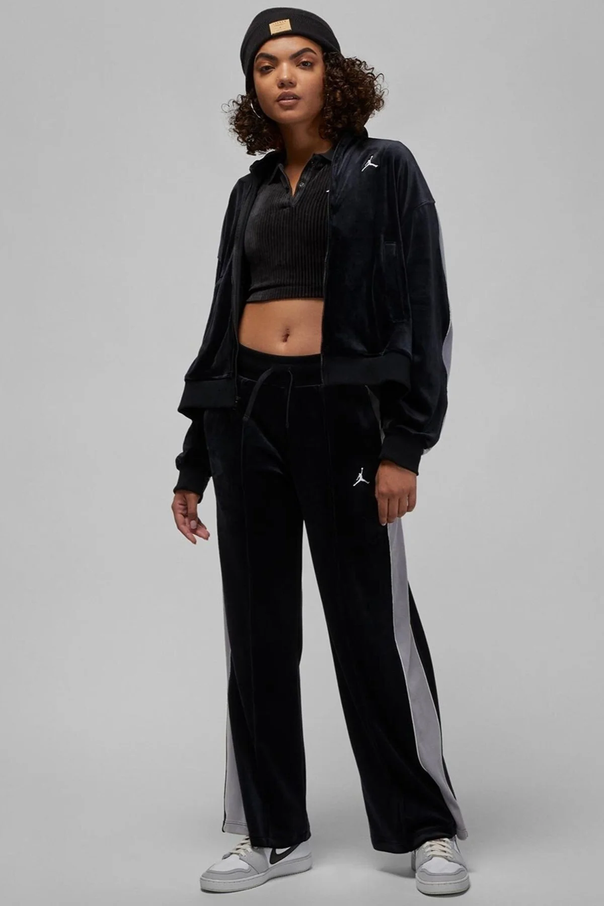 Nike Jordan Flight Full Zıp Velaur Womens Sweatshirt Oversize Kadife Kadın Sweatshirt Siyah
