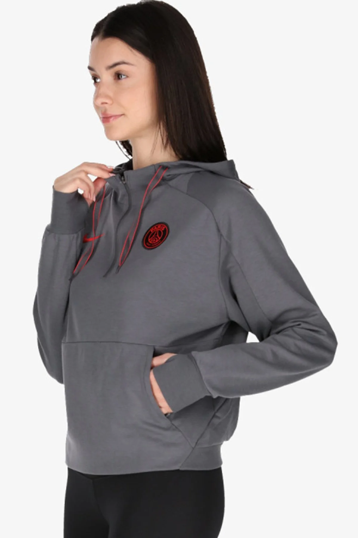 Nike Paris Saint-Germain 1/4-Zip Fleece Soccer Gray Hoodie Kadın Gri Kapüşonlu Yaka Yarım Fermuarlı Sweatshirt Gri