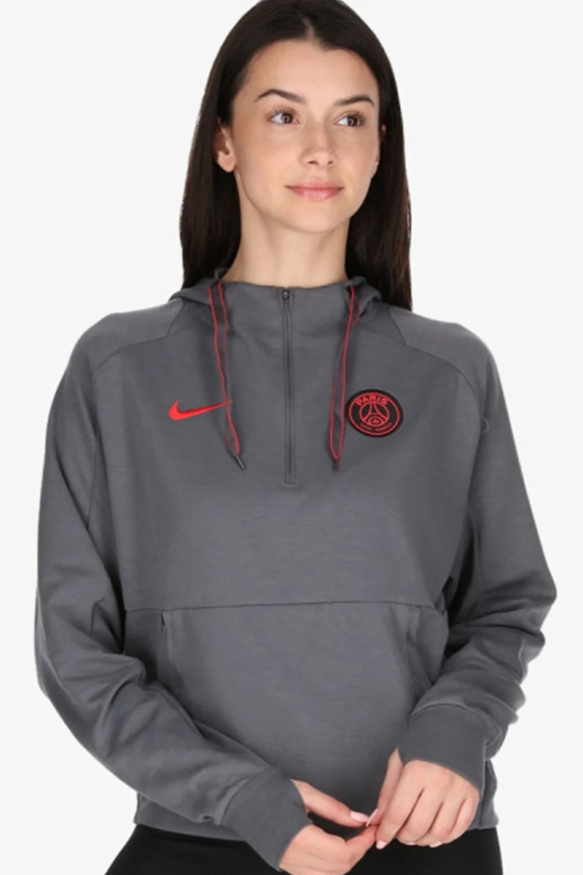 Nike Paris Saint-Germain 1/4-Zip Fleece Soccer Gray Hoodie Kadın Gri Kapüşonlu Yaka Yarım Fermuarlı Sweatshirt Gri