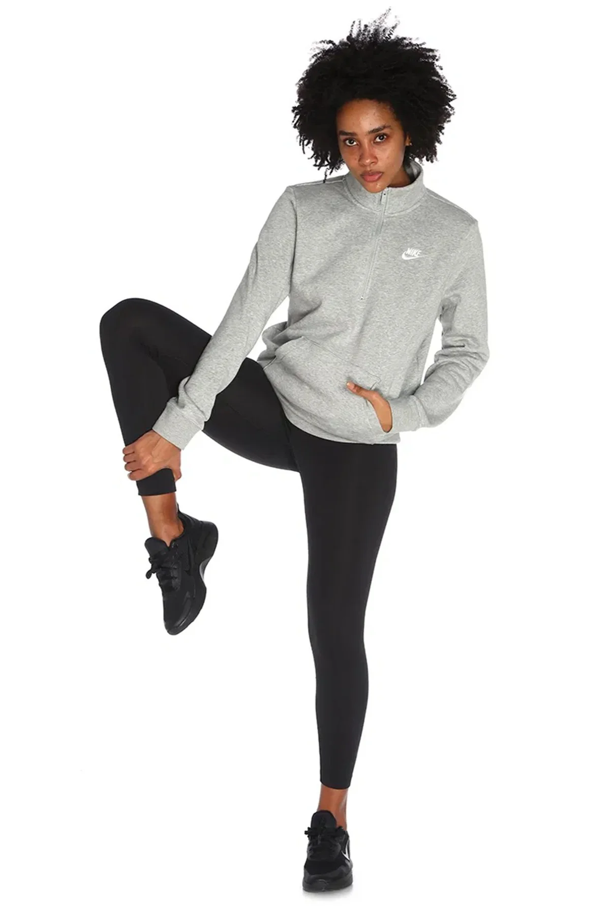 Nike Sportswear Club Fleece Half Zip Gray Hoodie Kadın Gri Dik Yaka Yarım Fermuarlı Sweatshirt Gri
