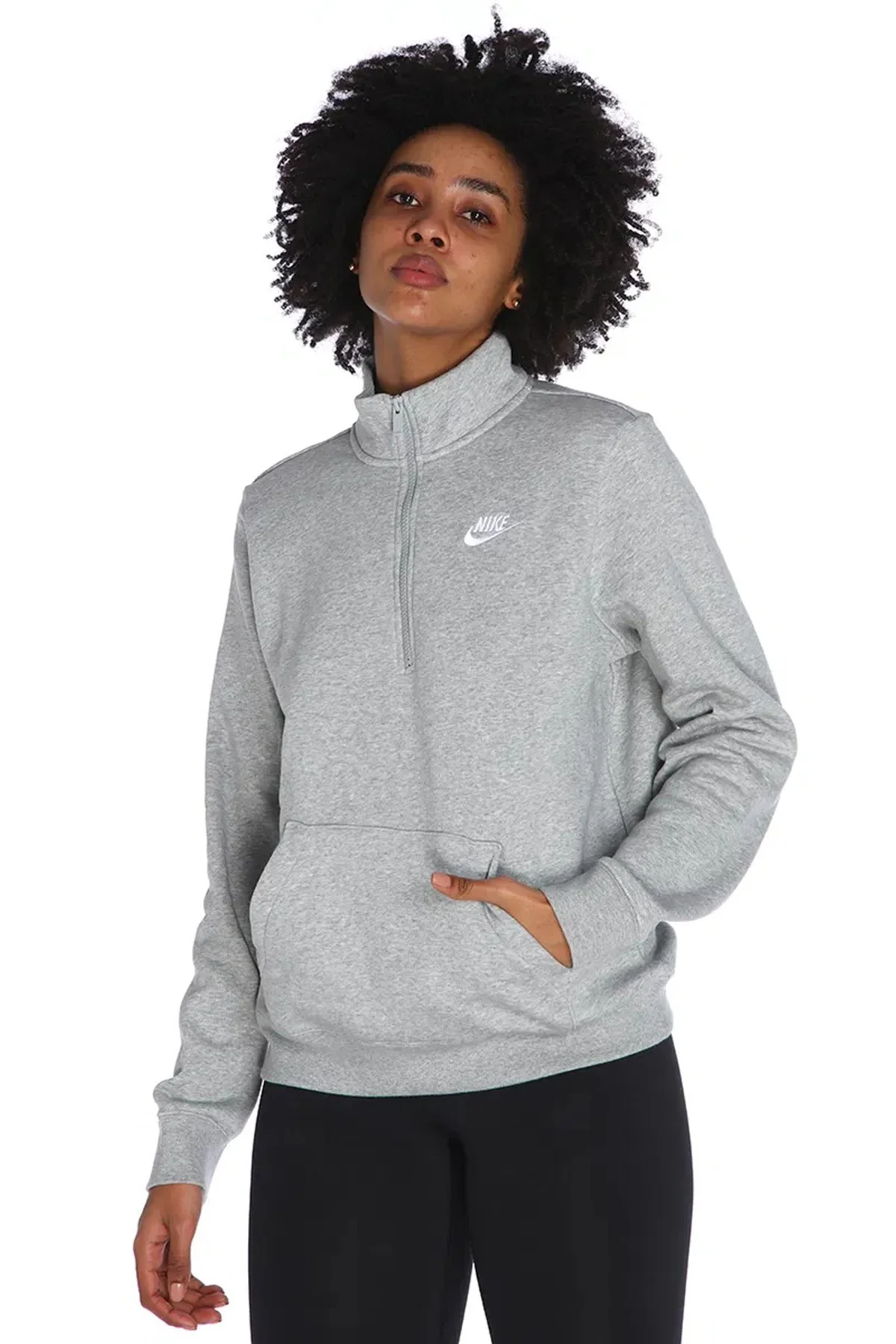 Nike Sportswear Club Fleece Half Zip Gray Hoodie Kadın Gri Dik Yaka Yarım Fermuarlı Sweatshirt Gri