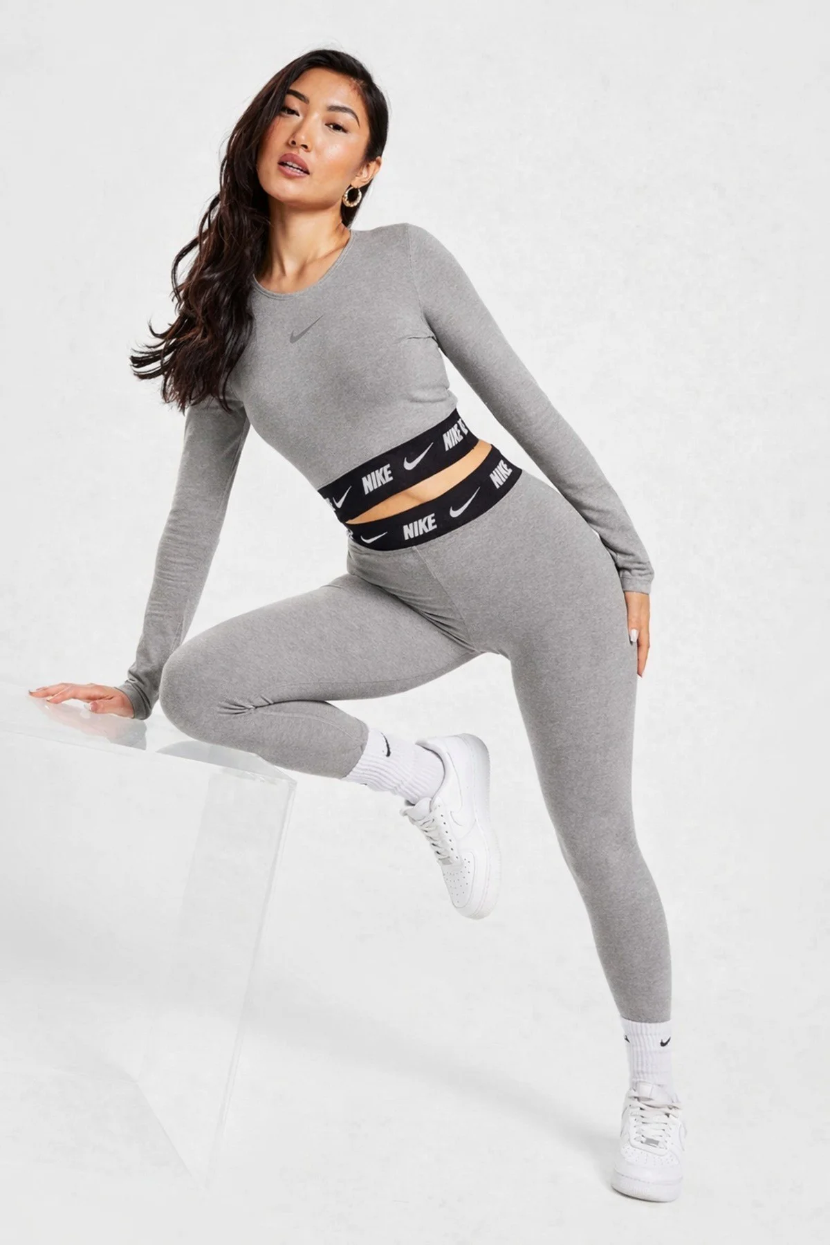 Nike Sportswear Club High Rise Full Length Kadın Yüksek Bel Pamuk Polyester Tayt Gri