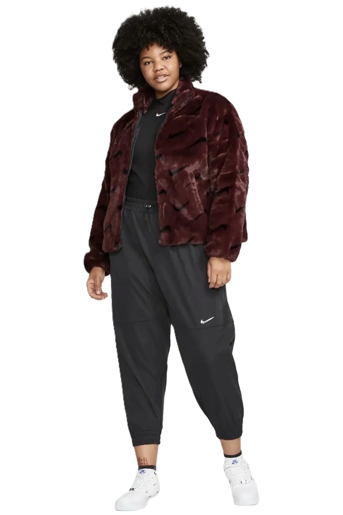 Nike Sportswear Loose Fit Printed Faux Fur Jackret Geniş Kalıp Suni Kürk Kadın Ceket Bordo