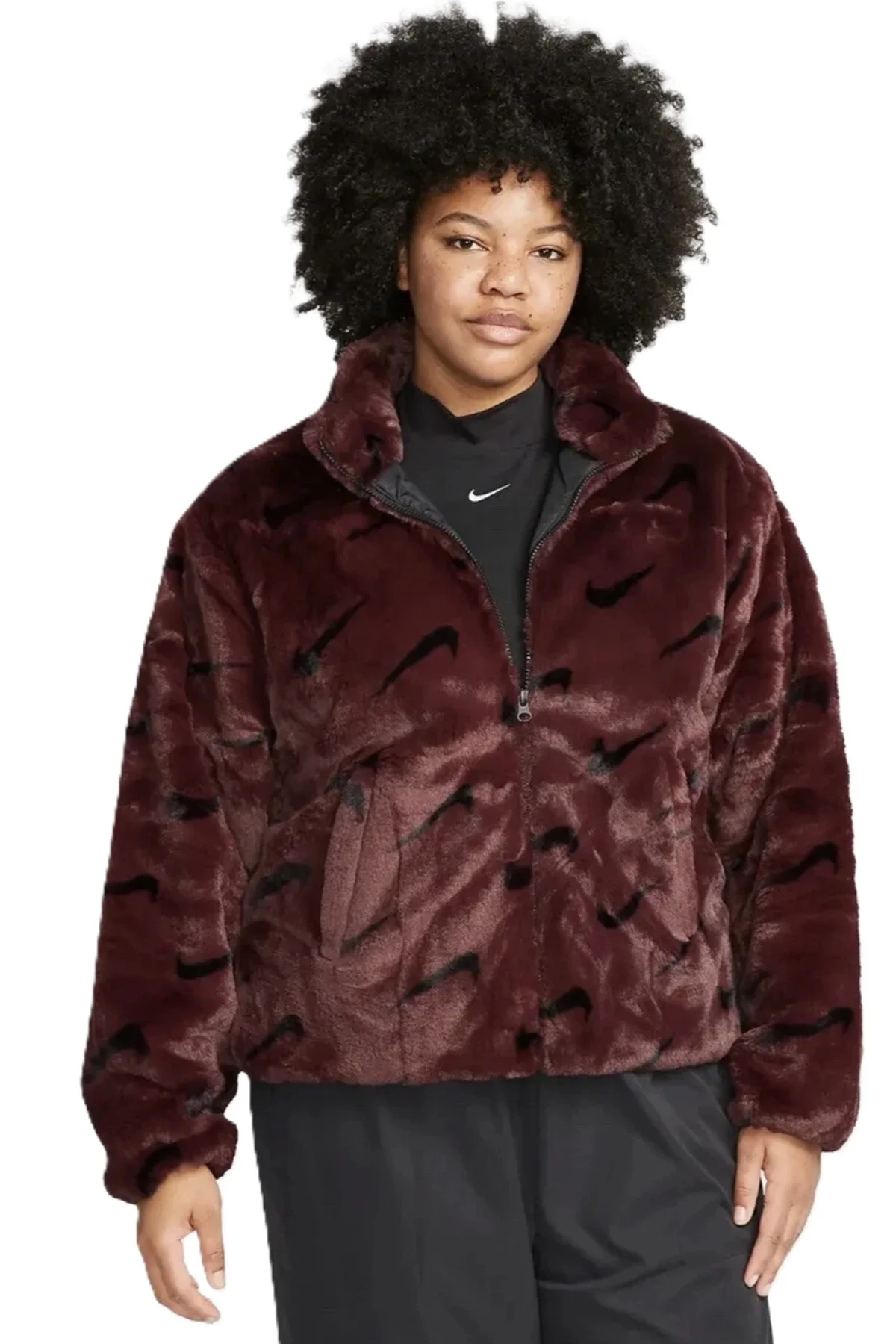 Nike Sportswear Loose Fit Printed Faux Fur Jackret Geniş Kalıp Suni Kürk Kadın Ceket Bordo