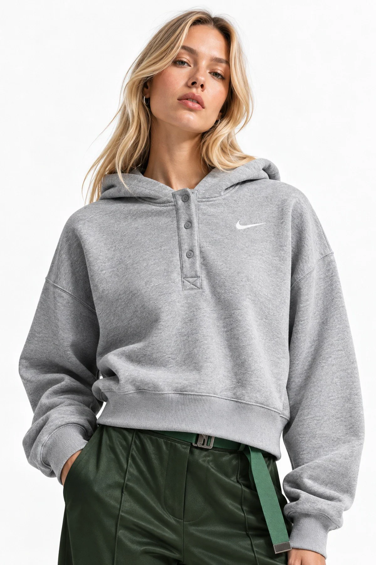 Nike Sportswear Phoenix Fleece Oversize Cropped Henley Hoodie Geniş Kalıp Kapüşonlu Şardonlu Kadın Crop Sweatshirt Gri Nike Sportswear Phoenix Fleece Oversize Cropped Henley Hoodie Geniş Kalıp Kapüşonlu Şardonlu Kadın Crop Sweatshirt Gri