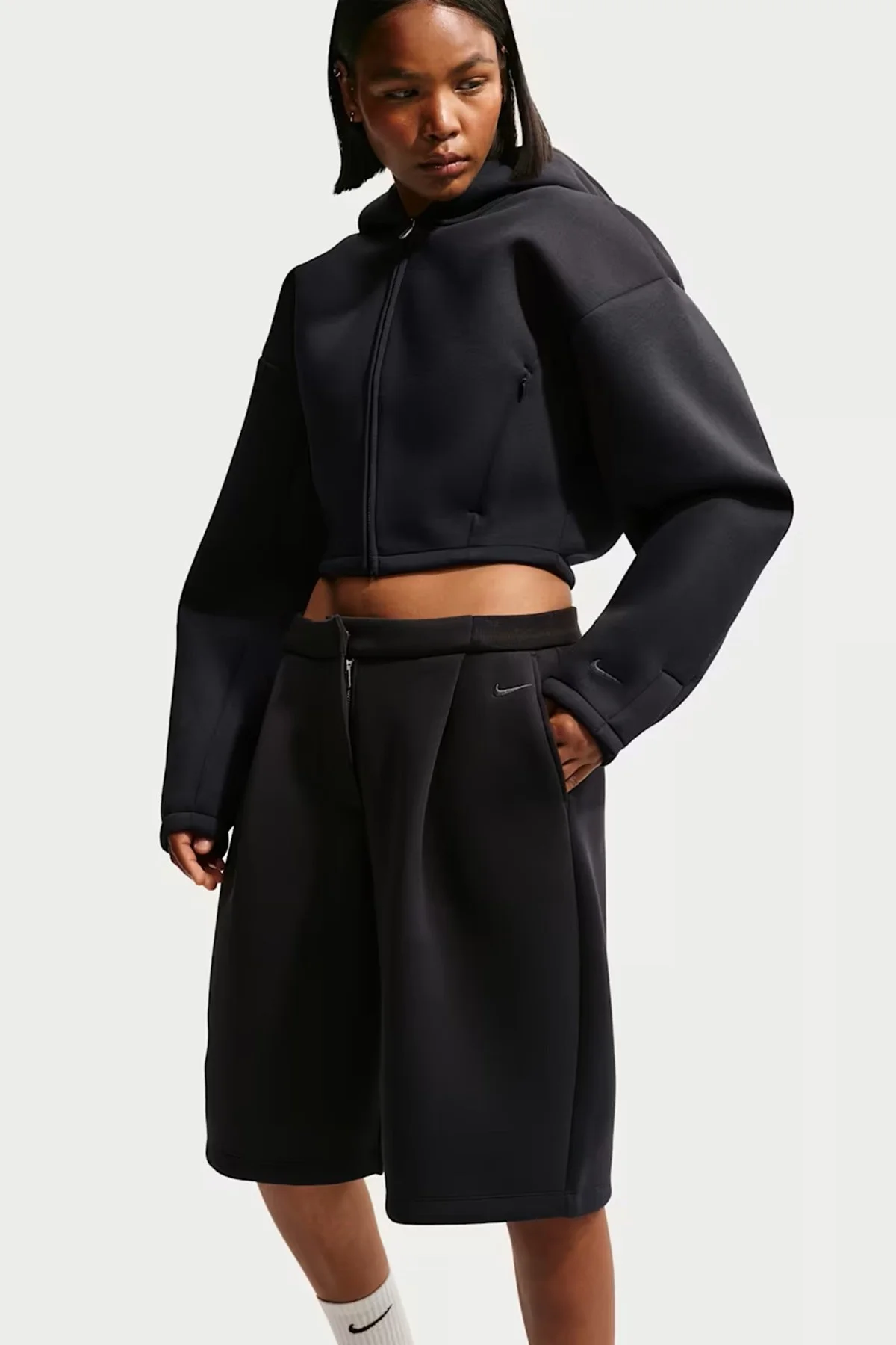 Nike Sportswear Pregame Oversize Full-Zip Sweatshirt Tam Boy Fermuarlı Bol Kesim Kapüşonlu Dalgıç Kumaş Kadın Sweatshirt Siyah