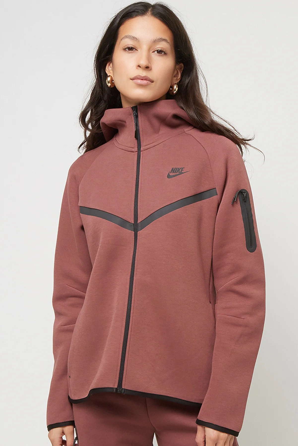 Nike Tech Fleece Full Zip Women Windrunner Hoodie Kapüşonlu Fermuarlı Kadın Sweatshirt Kahverengi