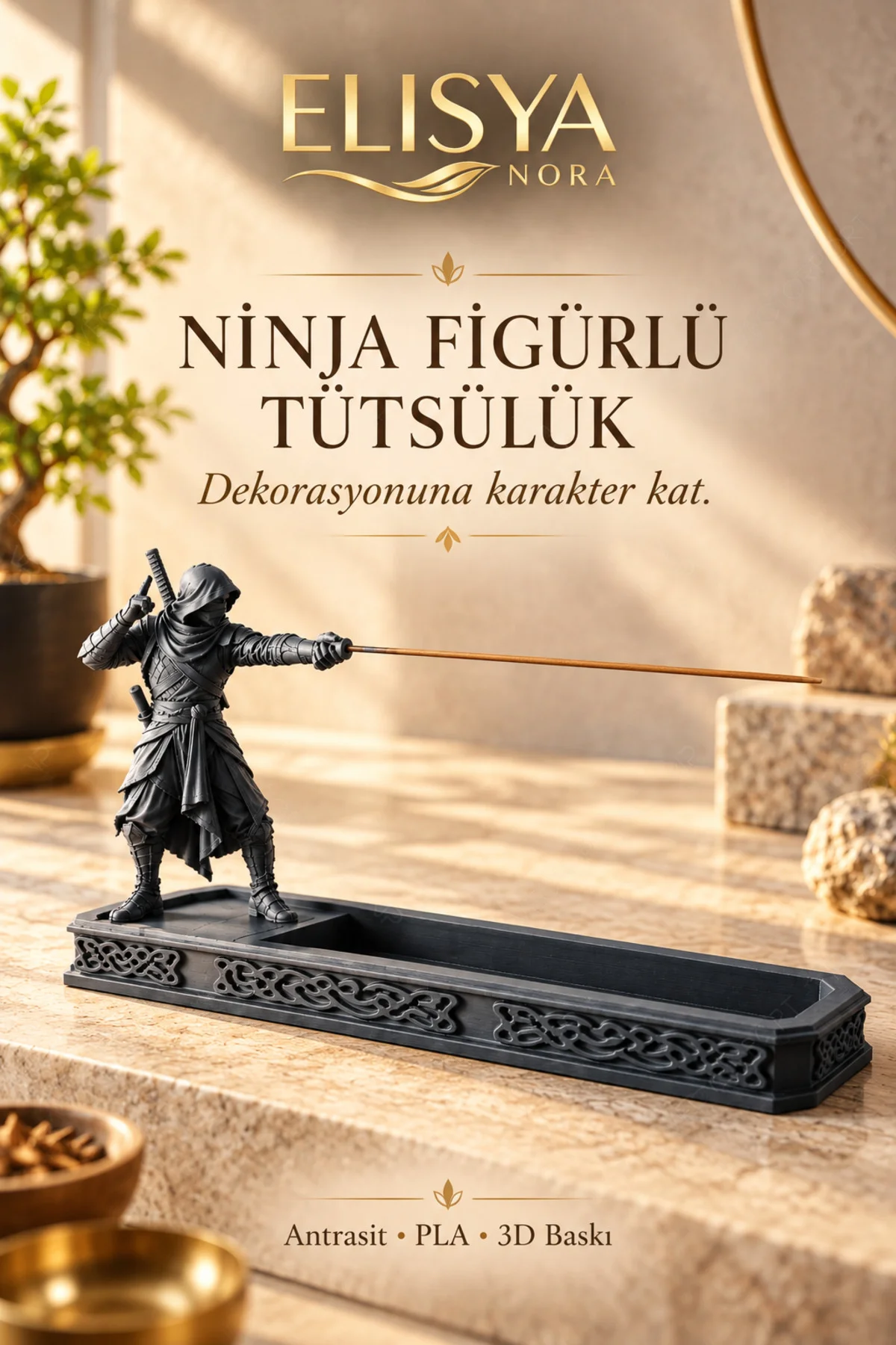 Ninja Figürlü Dekoratif Tütsülük Desenli Tablalı Tütsü Standı - Görsel 3