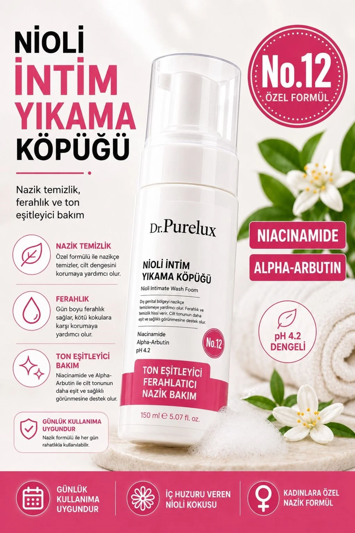 Nioli İntim Yıkama Köpüğü 150 ml| Genital Bölge Ton Eşitleyici Ko