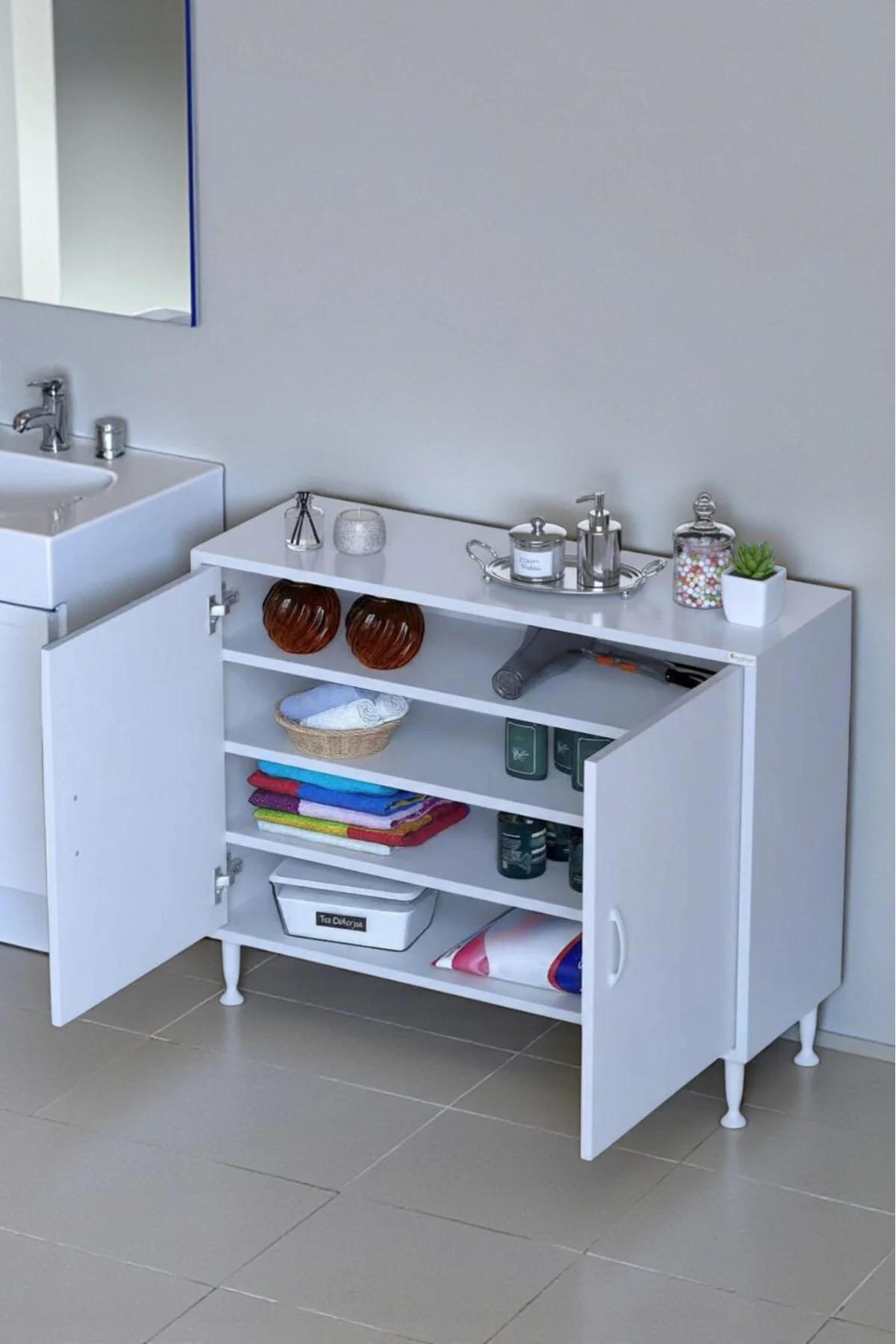 Nirat 100 cm 4 Bölmeli Beyaz Banyo Mutfak Dolabı 3 Raflı Kapaklı Nirat 100 cm 4 Bölmeli Beyaz Banyo Mutfak Dolabı 3 Raflı Kapaklı