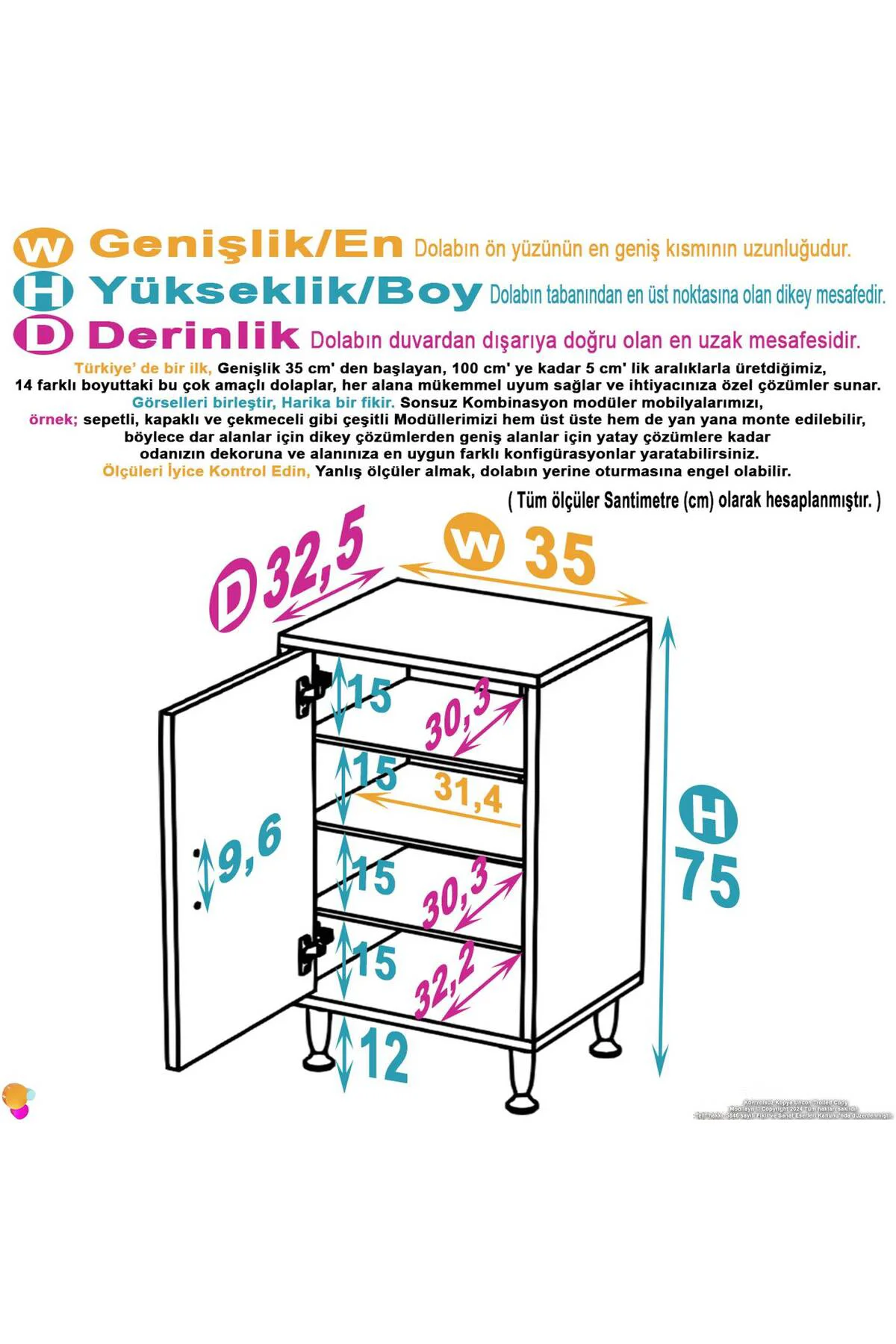 Nirat 35 cm 4 Bölmeli Beyaz Banyo Mutfak Dolabı 3 Raflı Kapaklı Ç