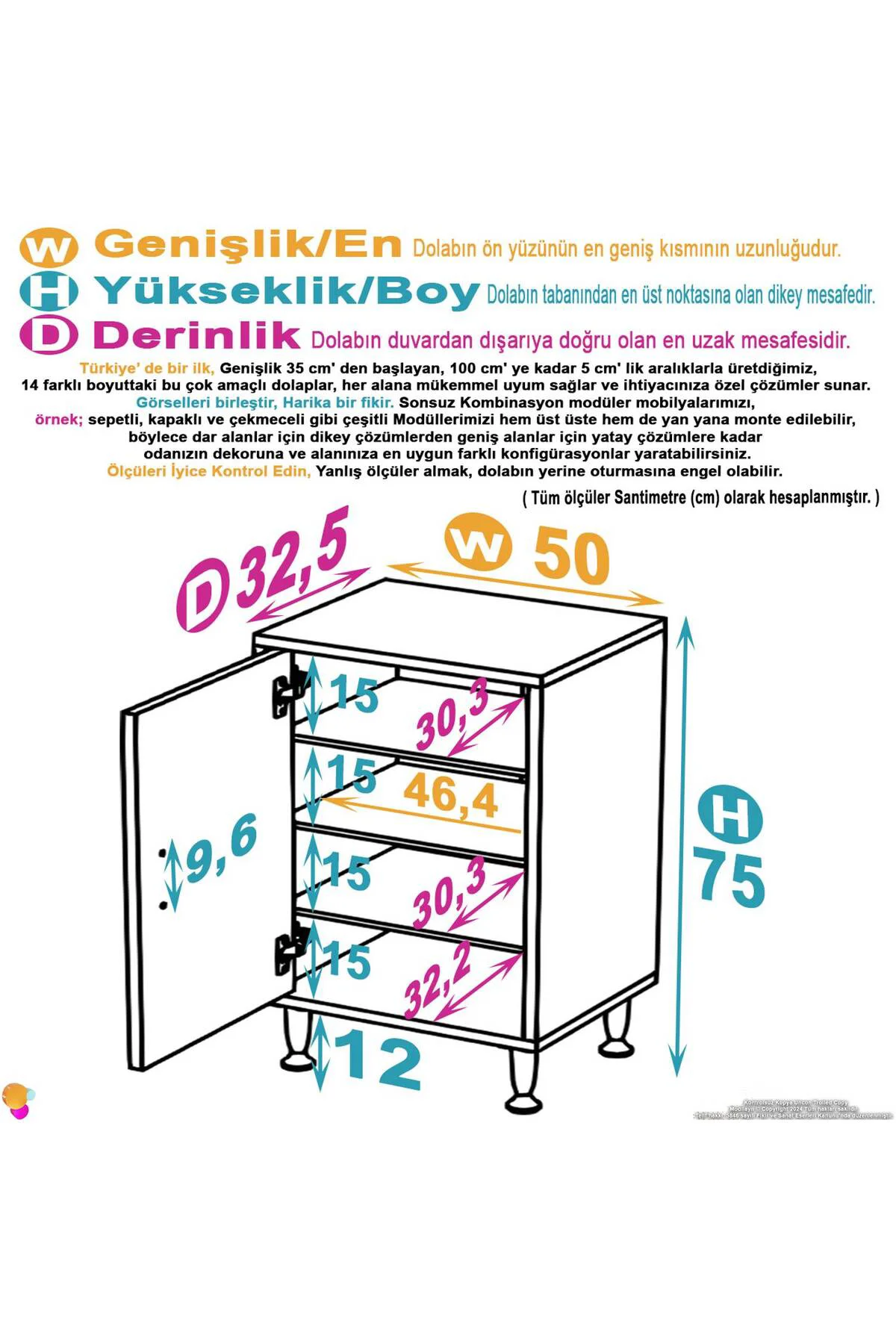Nirat 50 cm 4 Bölmeli Beyaz Banyo Mutfak Dolabı 3 Raflı Kapaklı Ç