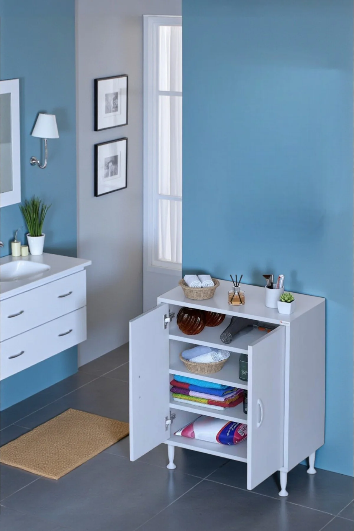 Nirat 55 cm 4 Bölmeli Beyaz Banyo Mutfak Dolabı 3 Raflı Kapaklı Ç