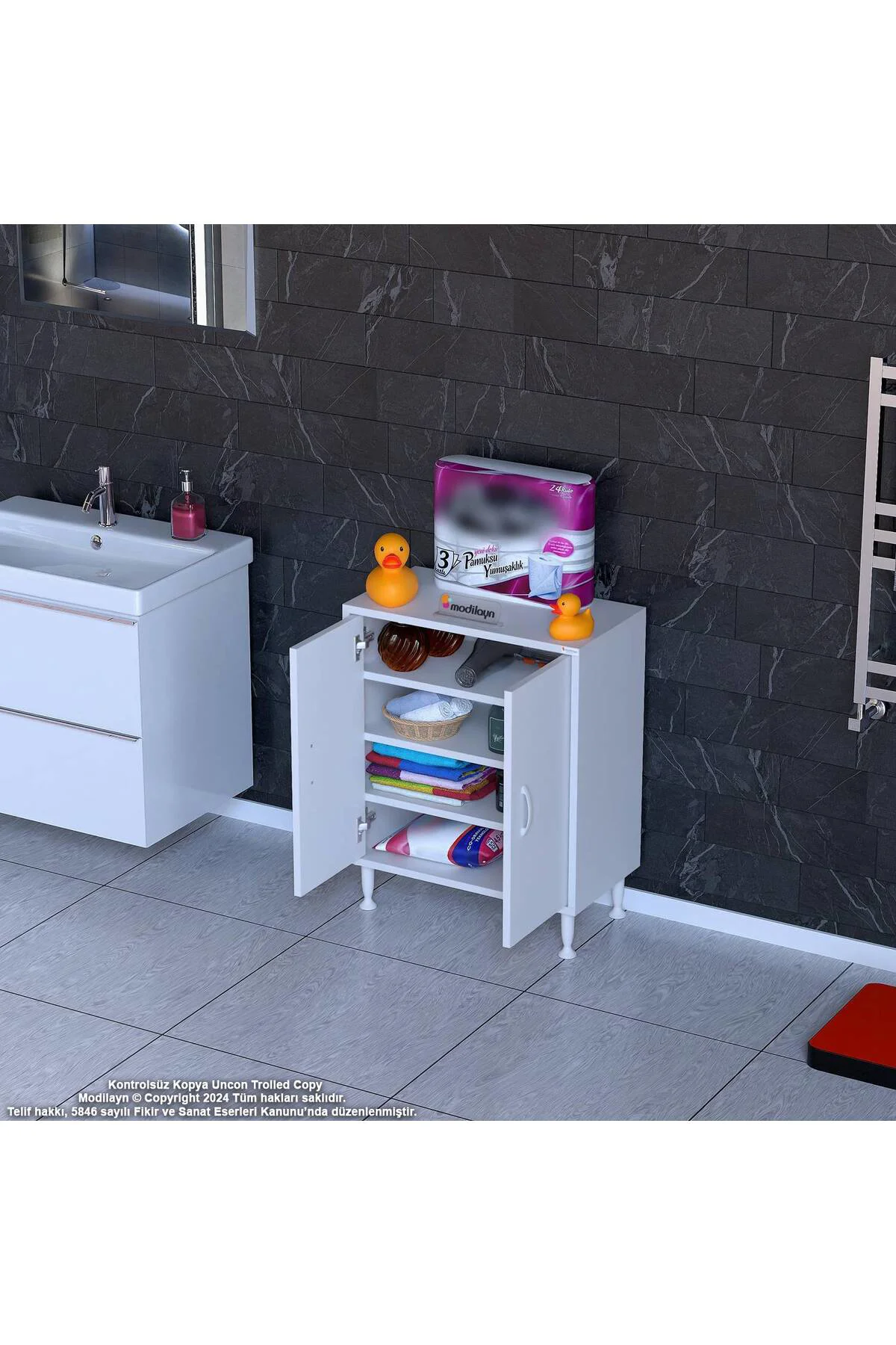 Nirat 55 cm 4 Bölmeli Beyaz Banyo Mutfak Dolabı 3 Raflı Kapaklı Ç