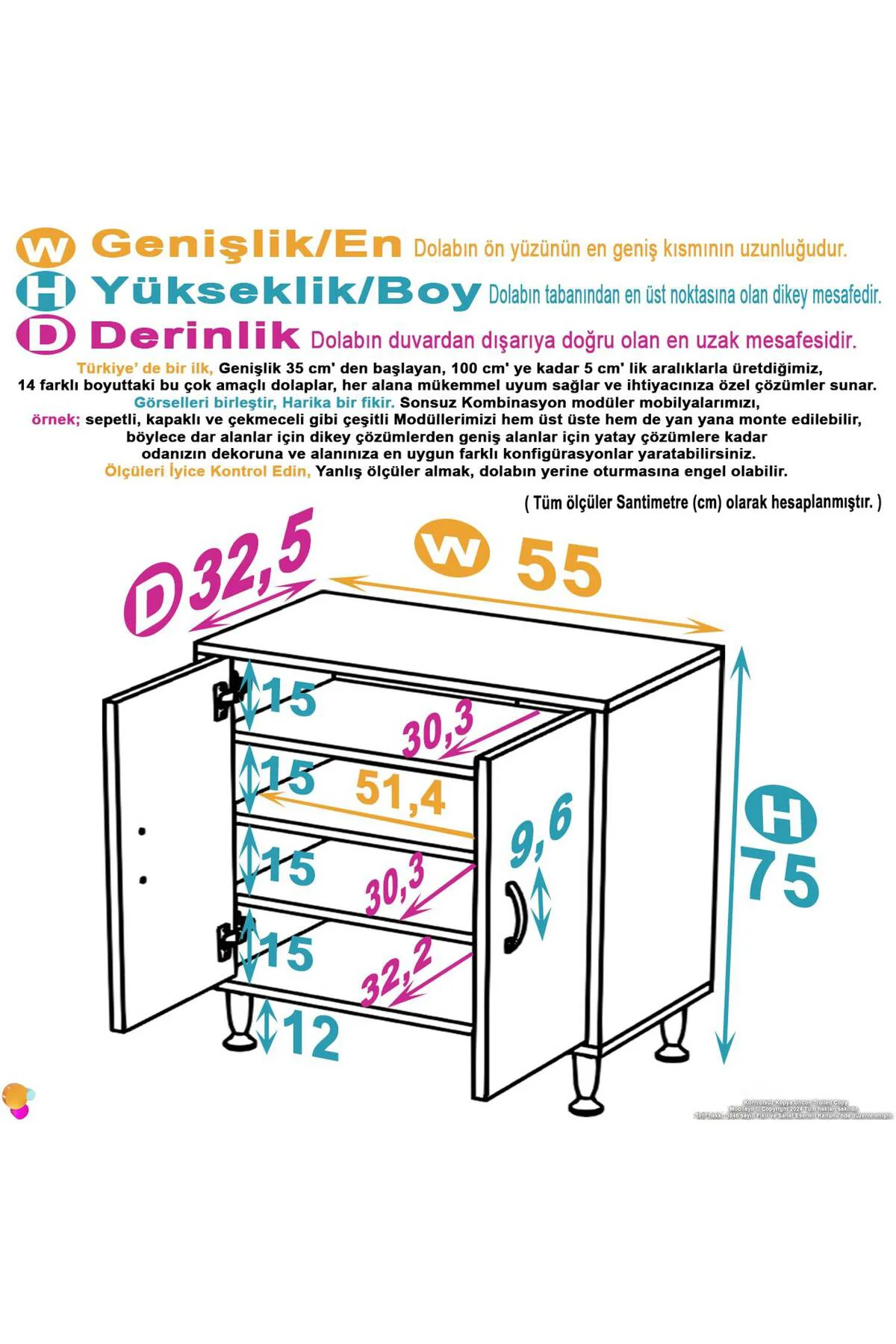 Nirat 55 cm 4 Bölmeli Beyaz Banyo Mutfak Dolabı 3 Raflı Kapaklı Ç