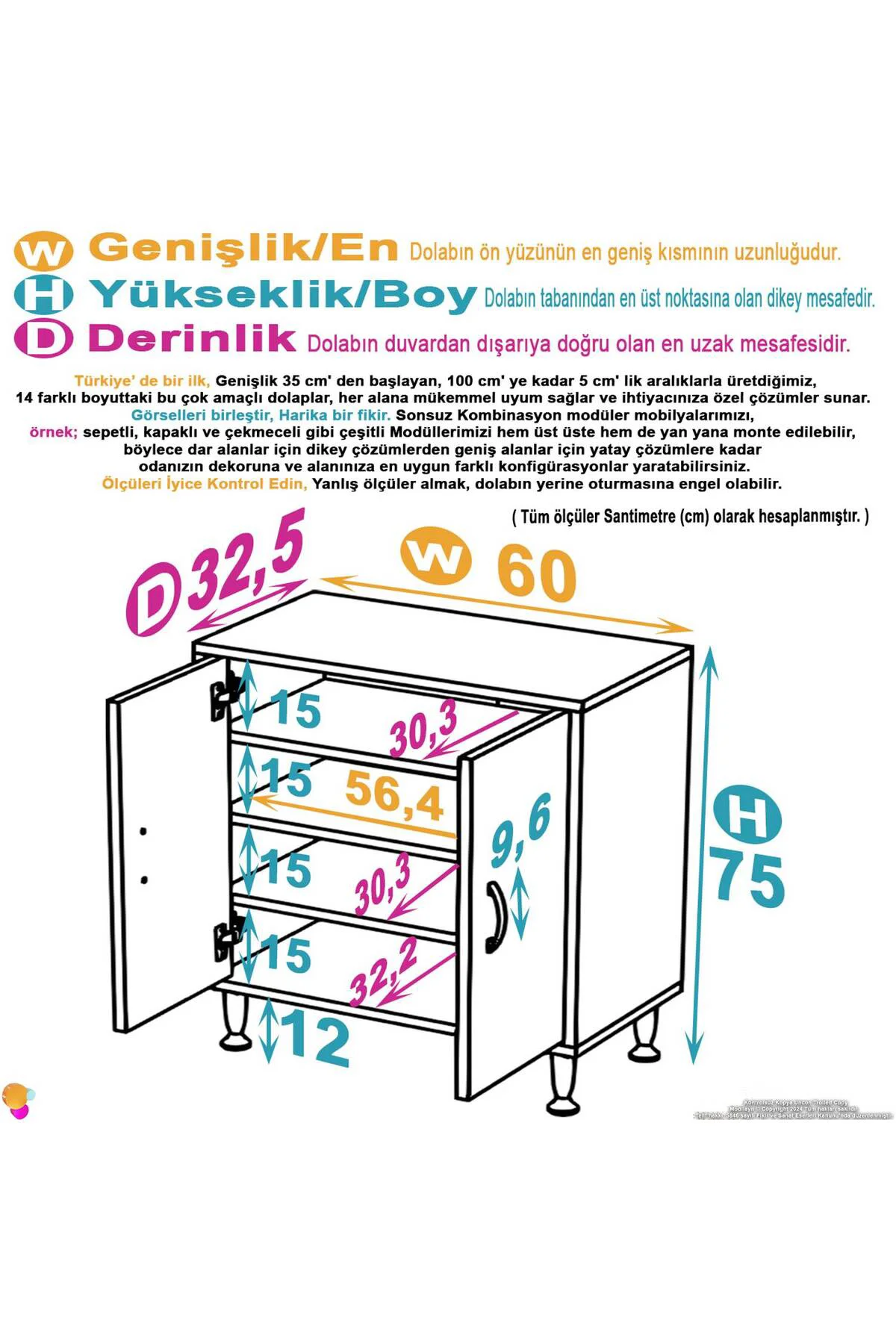 Nirat 60 cm 4 Bölmeli Beyaz Banyo Mutfak Dolabı 3 Raflı Kapaklı Ç