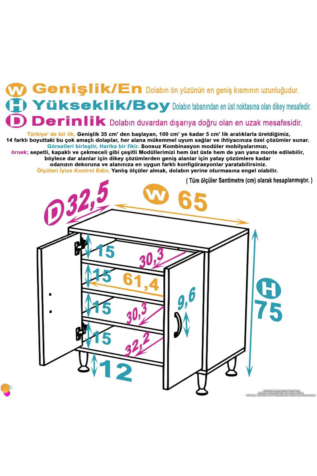 Nirat 65 cm 4 Bölmeli Beyaz Banyo Mutfak Dolabı 3 Raflı Kapaklı Ç