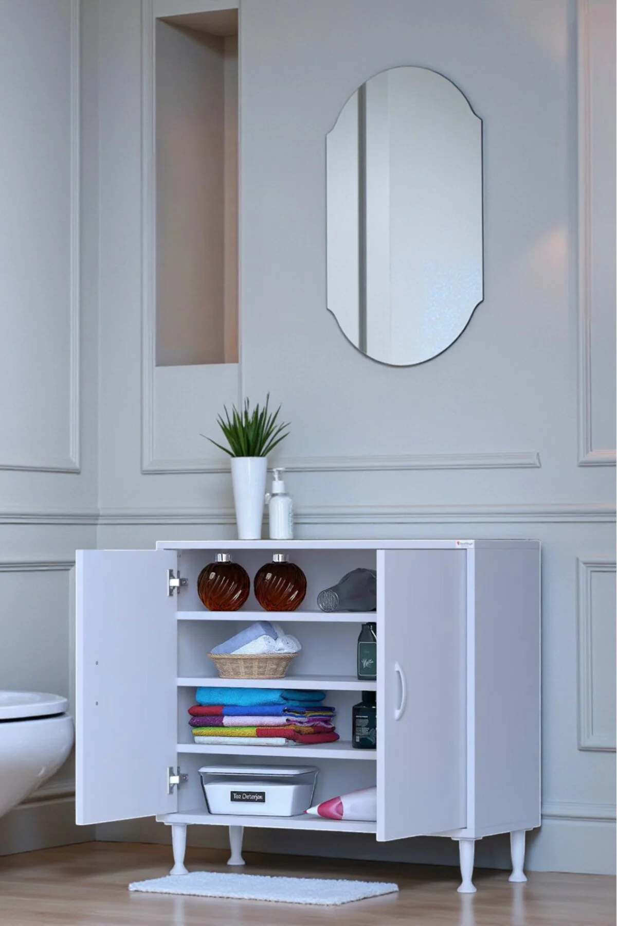 Nirat 65 cm 4 Bölmeli Beyaz Banyo Mutfak Dolabı 3 Raflı Kapaklı Ç
