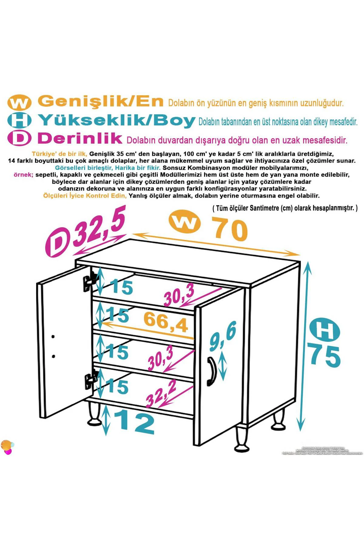Nirat 70 cm 4 Bölmeli Beyaz Banyo Mutfak Dolabı 3 Raflı Kapaklı Ç