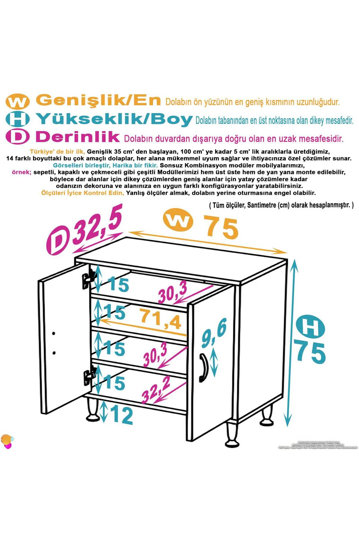 Nirat 75 cm 4 Bölmeli Beyaz Banyo Mutfak Dolabı 3 Raflı Kapaklı Ç