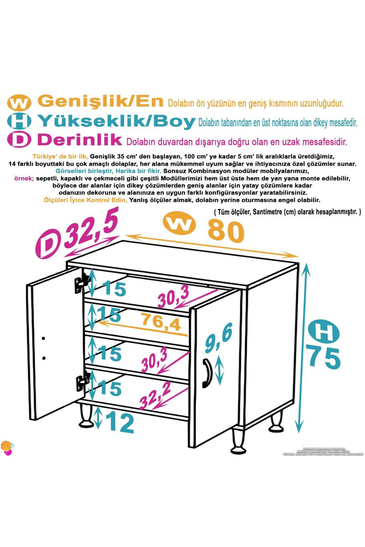Nirat 80 cm 4 Bölmeli Beyaz Banyo Mutfak Dolabı 3 Raflı Kapaklı Ç