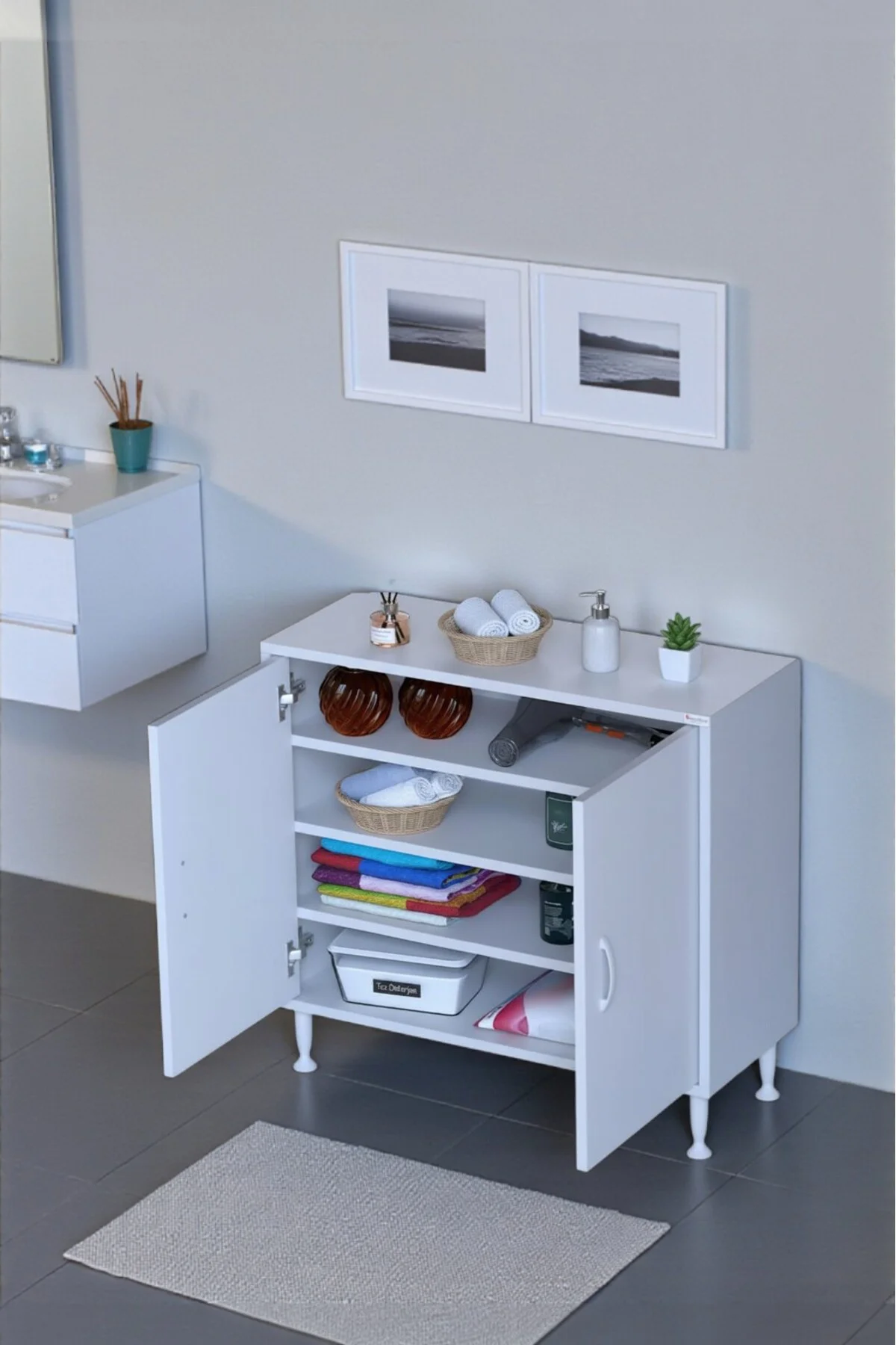 Nirat 80 cm 4 Bölmeli Beyaz Banyo Mutfak Dolabı 3 Raflı Kapaklı Ç