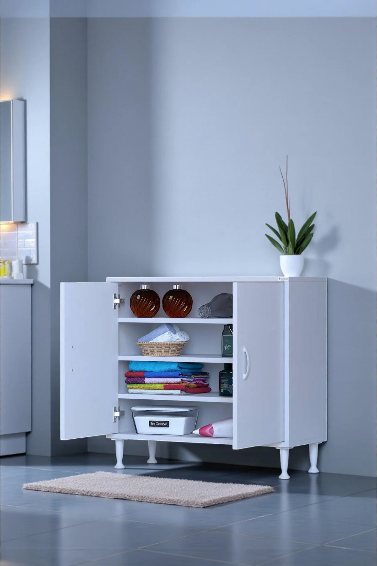 Nirat 85 cm 4 Bölmeli Beyaz Banyo Mutfak Dolabı 3 Raflı Kapaklı Ç