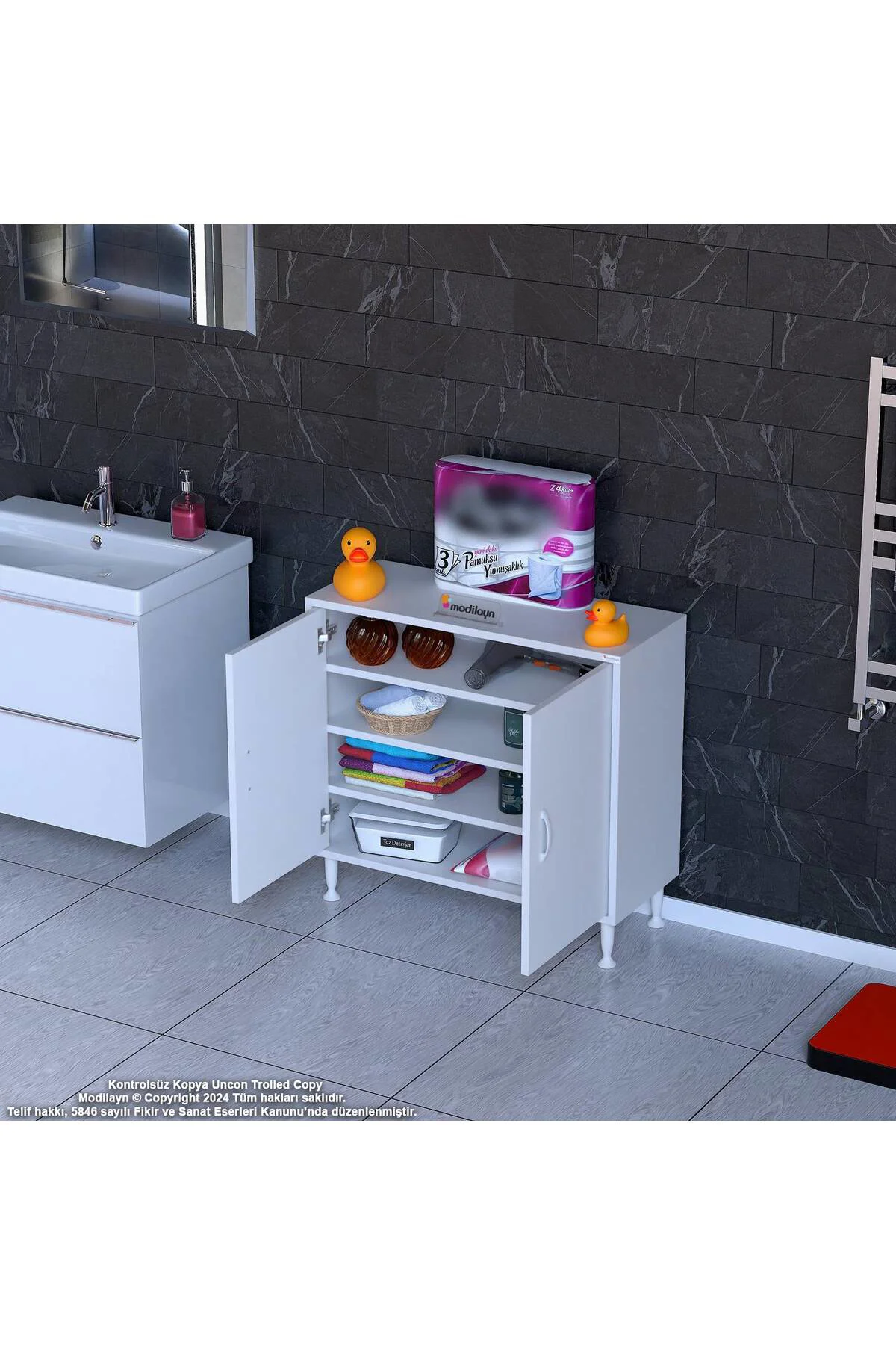 Nirat 85 cm 4 Bölmeli Beyaz Banyo Mutfak Dolabı 3 Raflı Kapaklı Ç