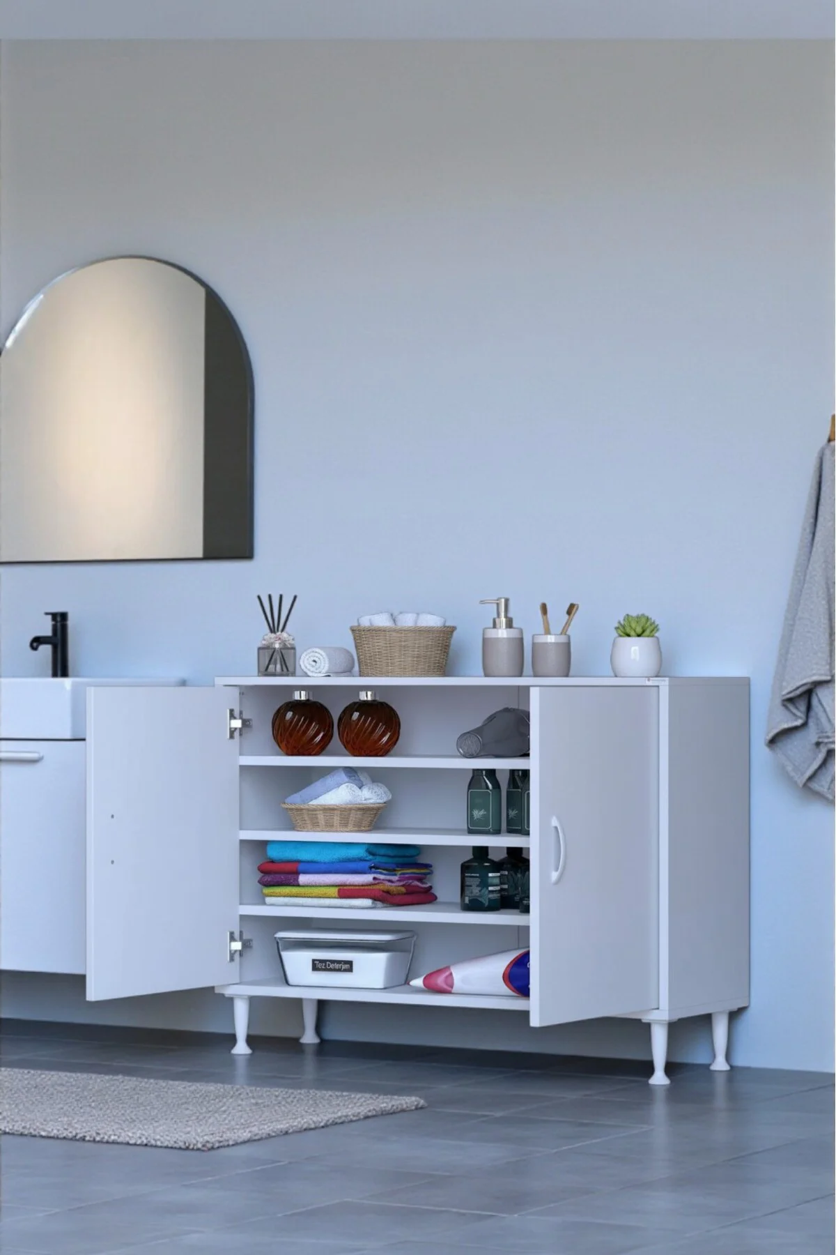 Nirat 90 cm 4 Bölmeli Beyaz Banyo Mutfak Dolabı 3 Raflı Kapaklı Ç