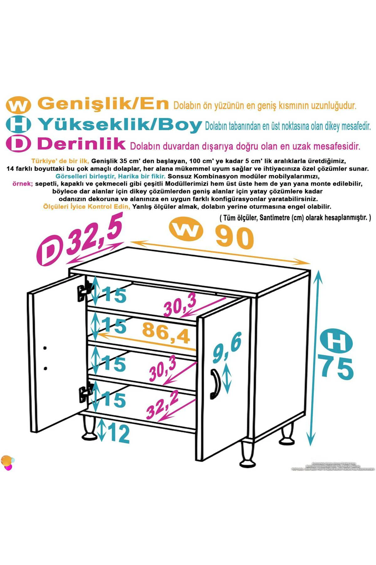 Nirat 90 cm 4 Bölmeli Beyaz Banyo Mutfak Dolabı 3 Raflı Kapaklı Ç