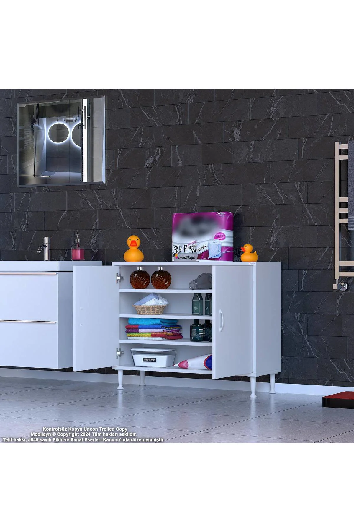 Nirat 95 cm 4 Bölmeli Beyaz Banyo Mutfak Dolabı 3 Raflı Kapaklı Ç