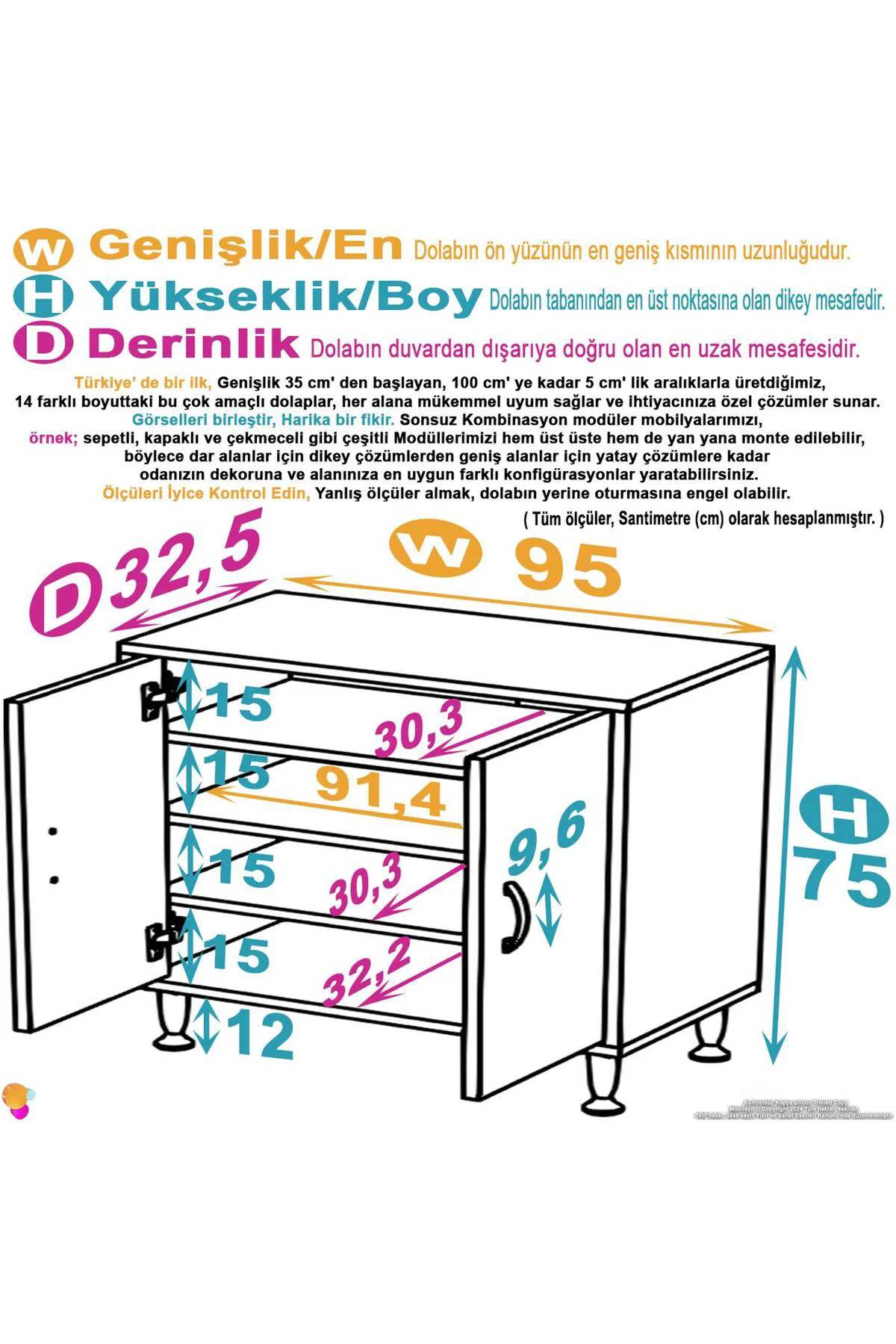 Nirat 95 cm 4 Bölmeli Beyaz Banyo Mutfak Dolabı 3 Raflı Kapaklı Ç