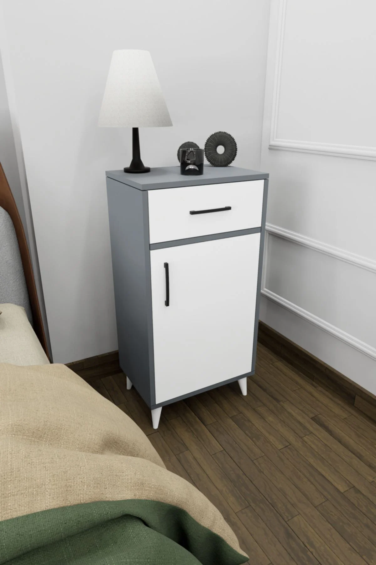 Nirev Dekoratif Komodin Antrasit-Beyaz