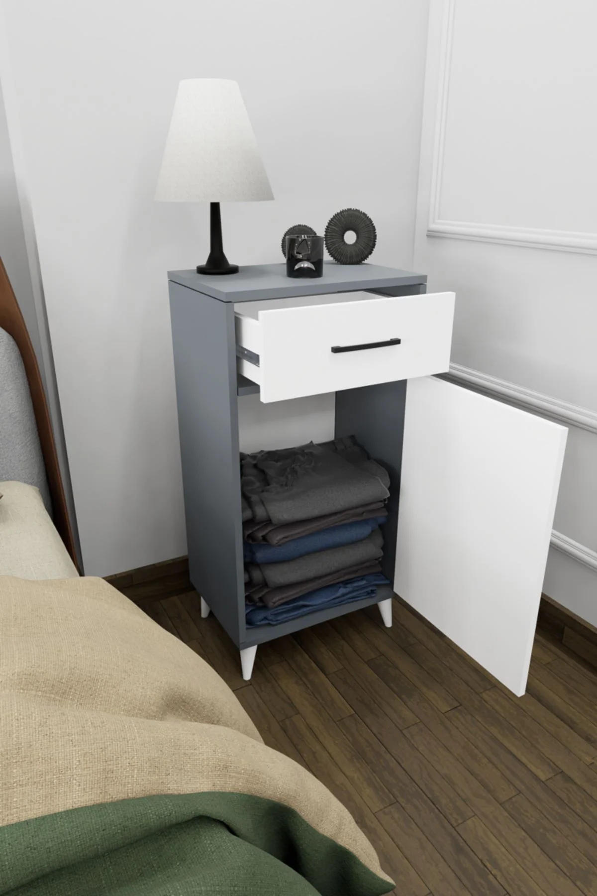 Nirev Dekoratif Komodin Antrasit-Beyaz