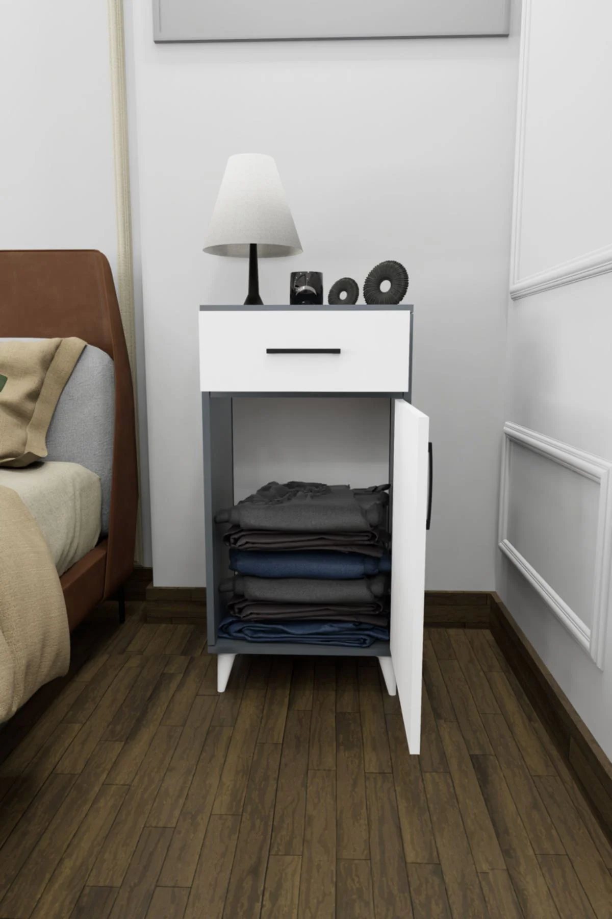 Nirev Dekoratif Komodin Antrasit-Beyaz