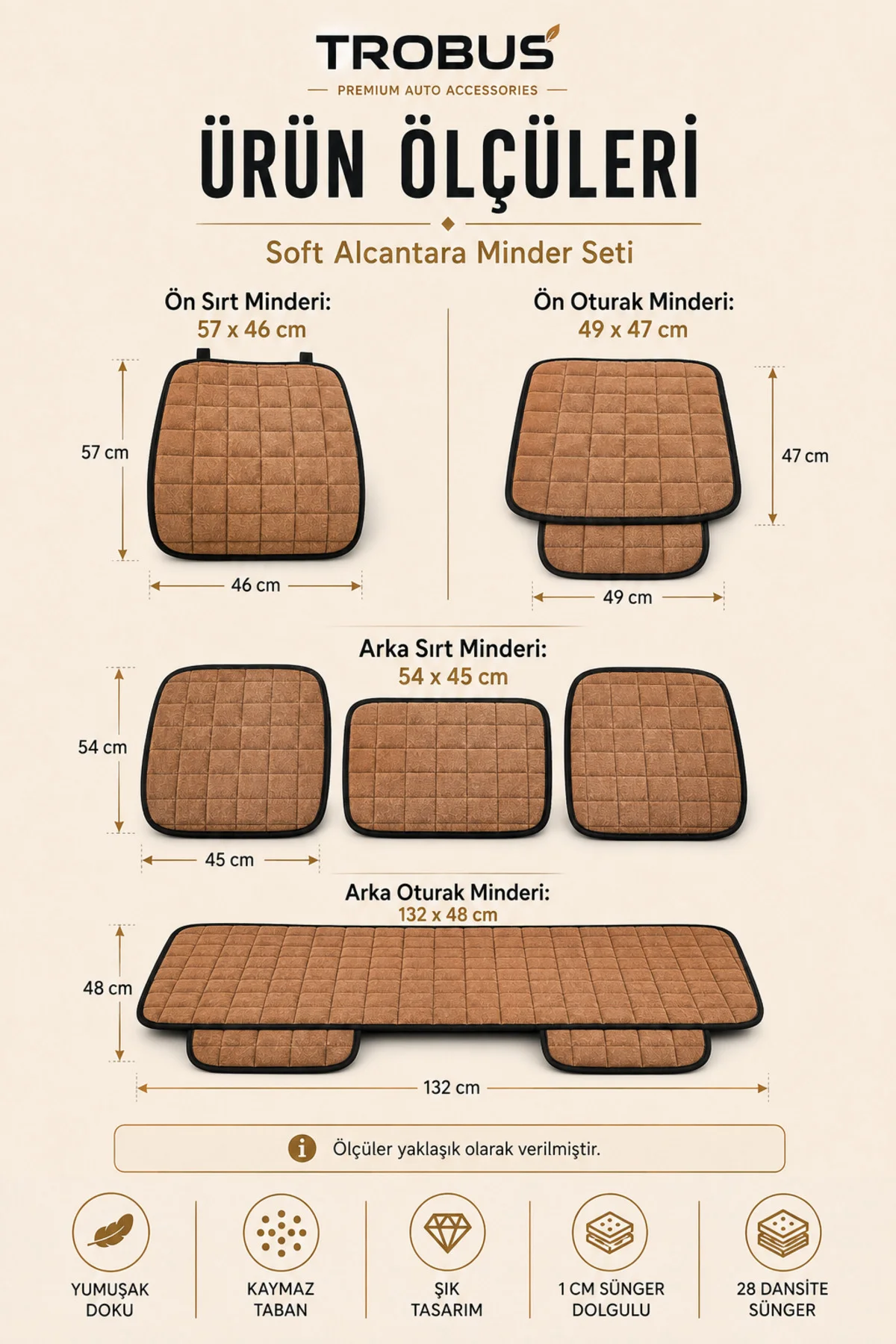 Nissan Navara 2016-2019 Kare Desen Soft Alcantara 7'li Oto Koltuk Minderi Taba Siyah - Görsel 4