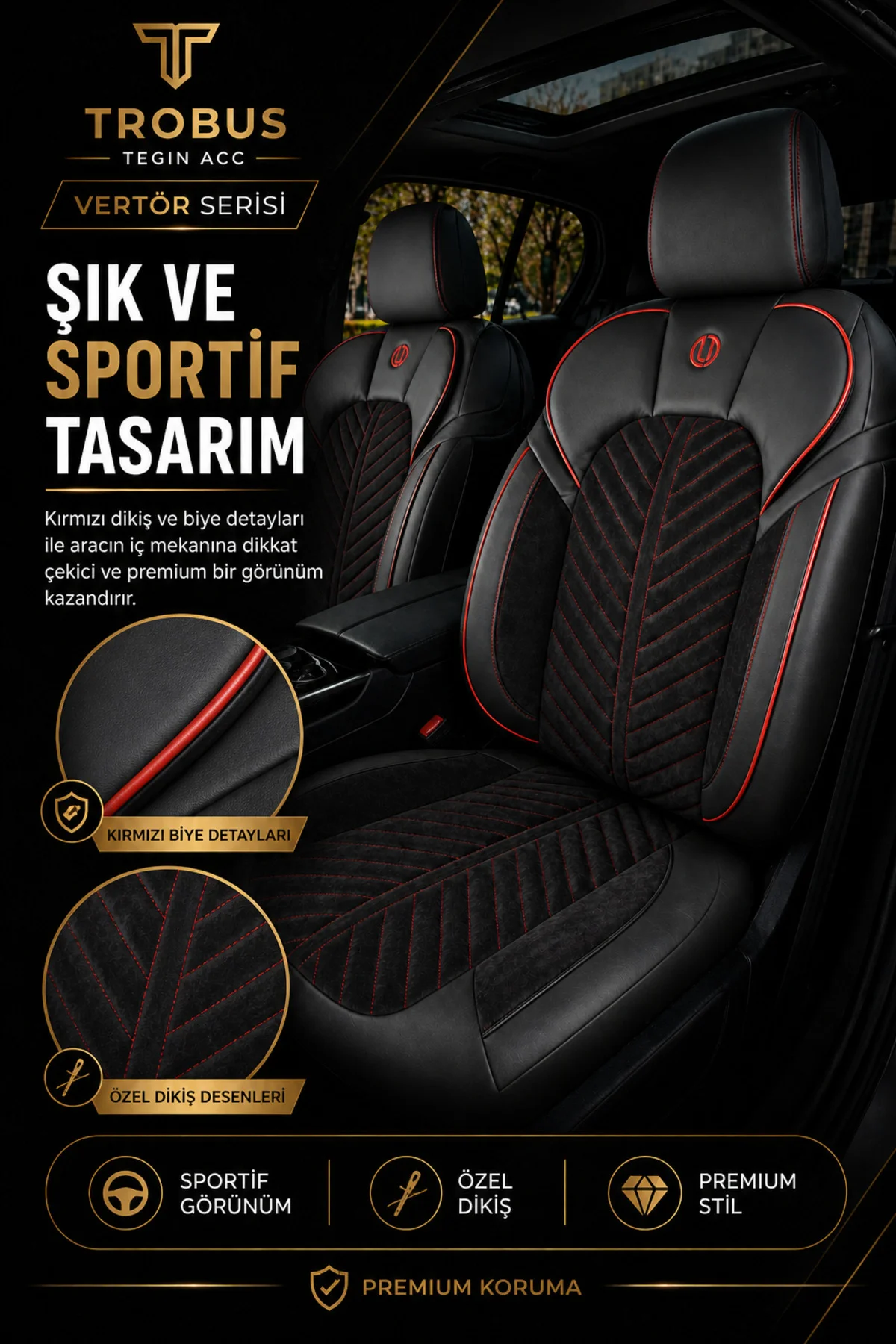 Nissan Navara 2016-2019 Uyumlu Süvari Serisi Tay Tüyü Siyah Kırmızı Premium Koltuk Kılıfı