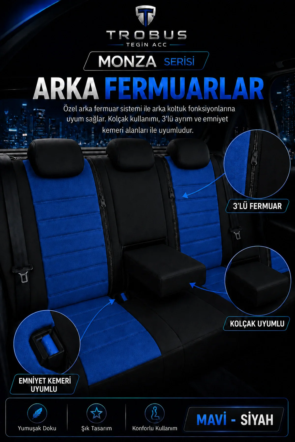 Nissan Navara Double CAB 2016 Sonrası Uyumlu Monza Serisi Tay Tüyü Oto Koltuk Kılıfı Mavi Siyah Nissan Navara Double CAB 2016 Sonrası Uyumlu Monza Serisi Tay Tüyü Oto Koltuk Kılıfı Mavi Siyah