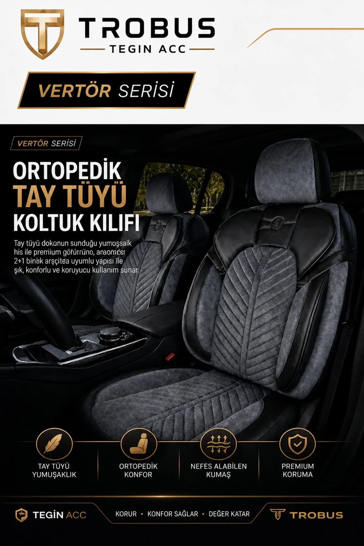 Nissan Navara Double Cab 2016 ve Sonrası Uyumlu Süvari Serisi Tay Tüyü Füme Siyah Premium Koltuk