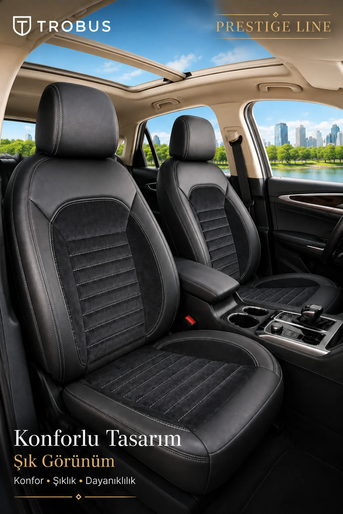 Nissan Navara Double Cab 2016 ve Sonrası Tay Tüyü Deri Detay Koltuk Kılıfı Prestige Line Siyah Beyaz