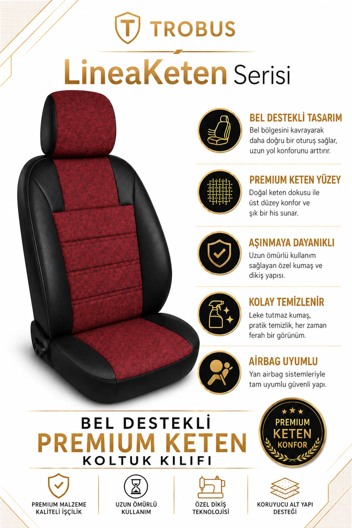Nissan Navara Double Cab 2016 ve Sonrası Uyumlu LineaKeten Serisi Ortopedik Bordo Siyah Koltuk
