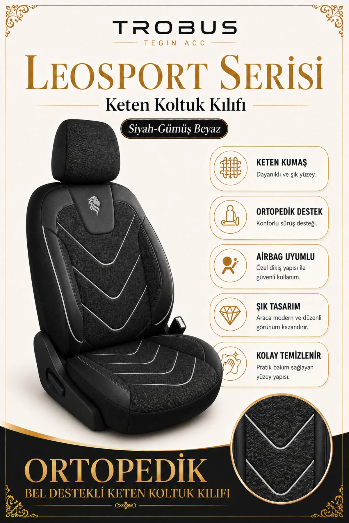 Nissan Navara Double Cab 2016 ve Sonrası Uyumlu LeoSport Serisi Siyah Beyaz Ortopedik Keten Koltuk Kılıfı Fiyatı, Yorumları ve Özellikleri