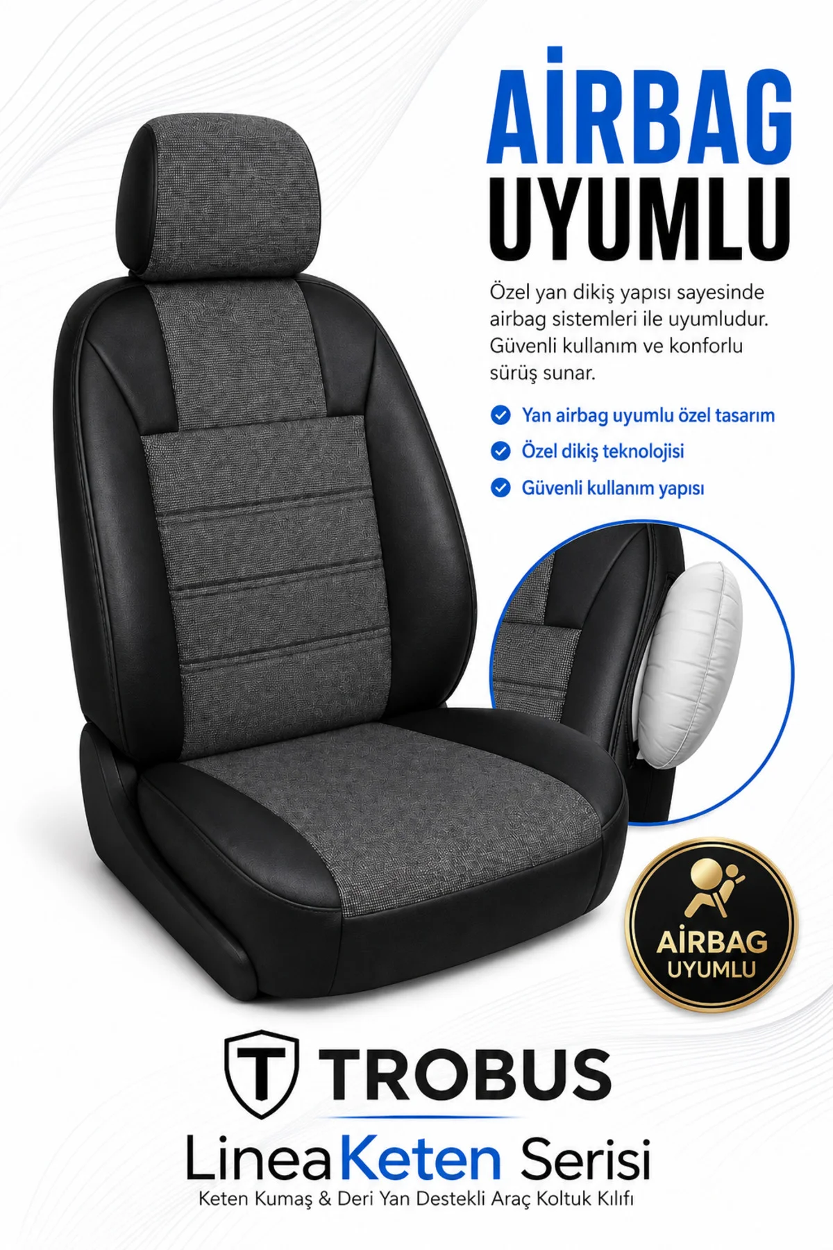 Nissan Note 2006-2012 Uyumlu LineaKeten Serisi Ortopedik Füme Siyah Koltuk Kılıfı