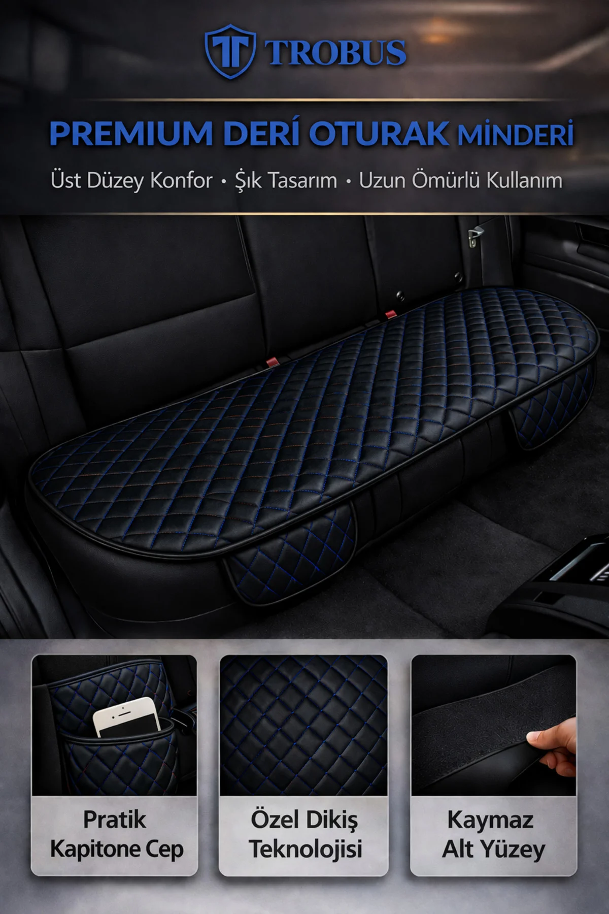 Nissan NOTE 2006-2012 Uyumlu 3 Parça Deri Oturak Oto Koltuk Minderi Terletmez Siyah - Mavi Fiyatı, Yorumları ve Özellikleri