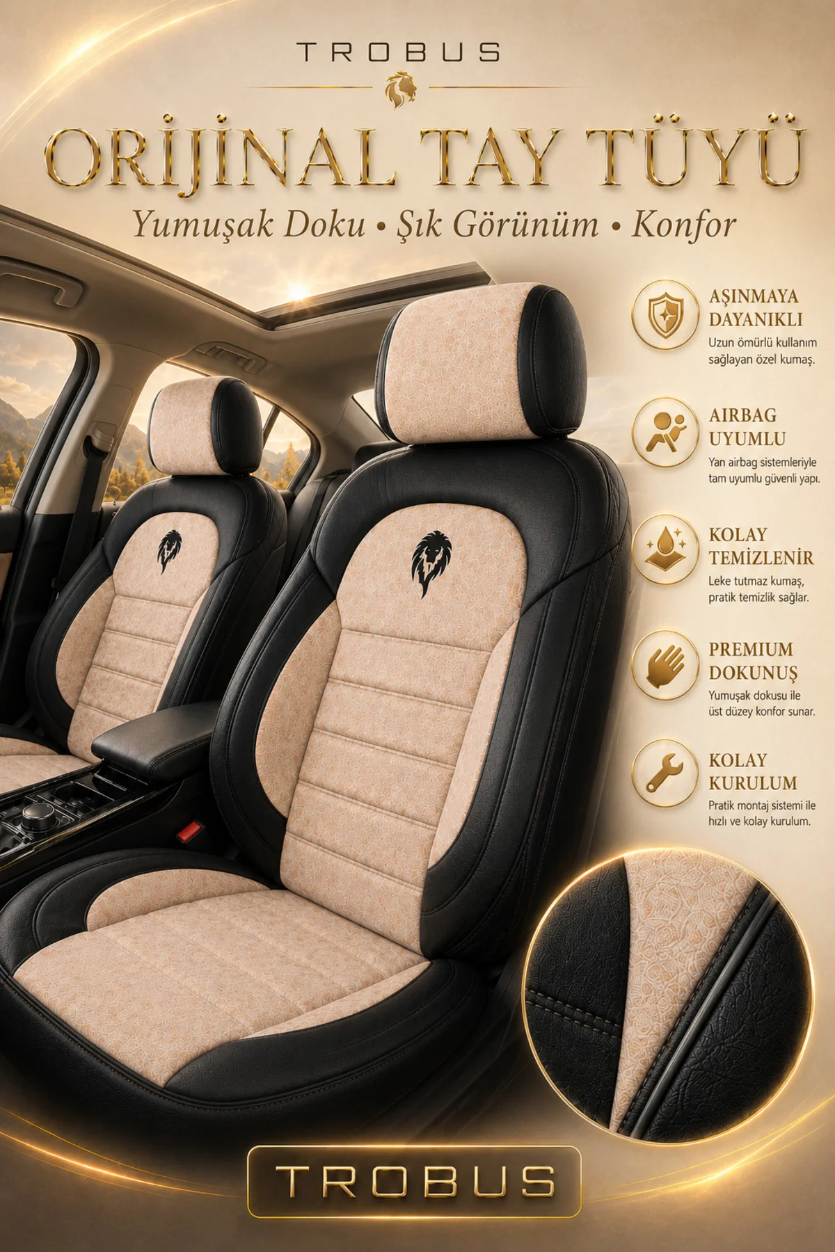 Nissan Note 2006-2012 Uyumlu Lion Serisi Tay Tüyü Bej Siyah Premium Koltuk Kılıfı Fiyatı, Yorumları ve Özellikleri