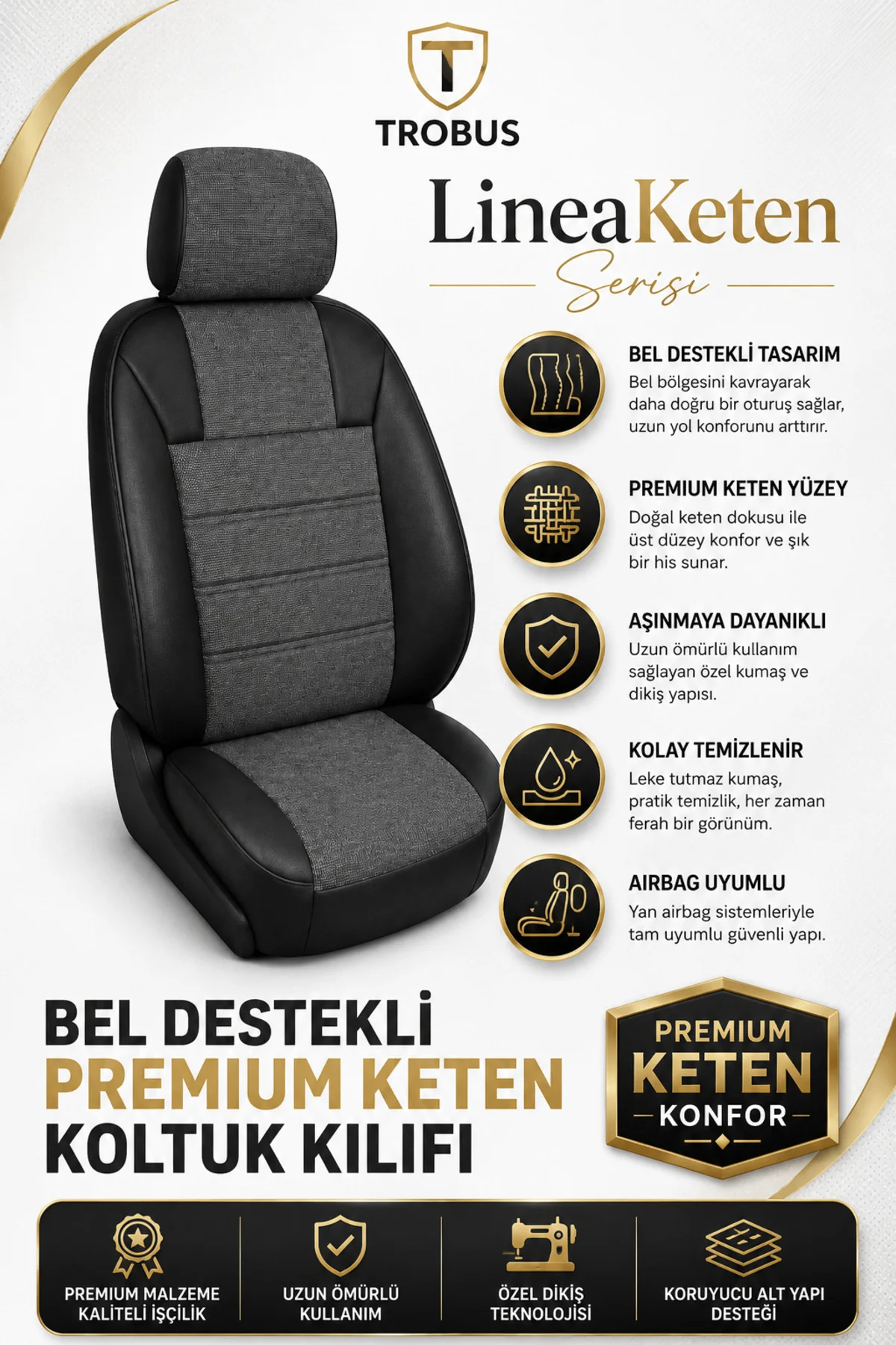 Nissan Note 2006-2012 Uyumlu LineaKeten Serisi Ortopedik Füme Siyah Koltuk Kılıfı