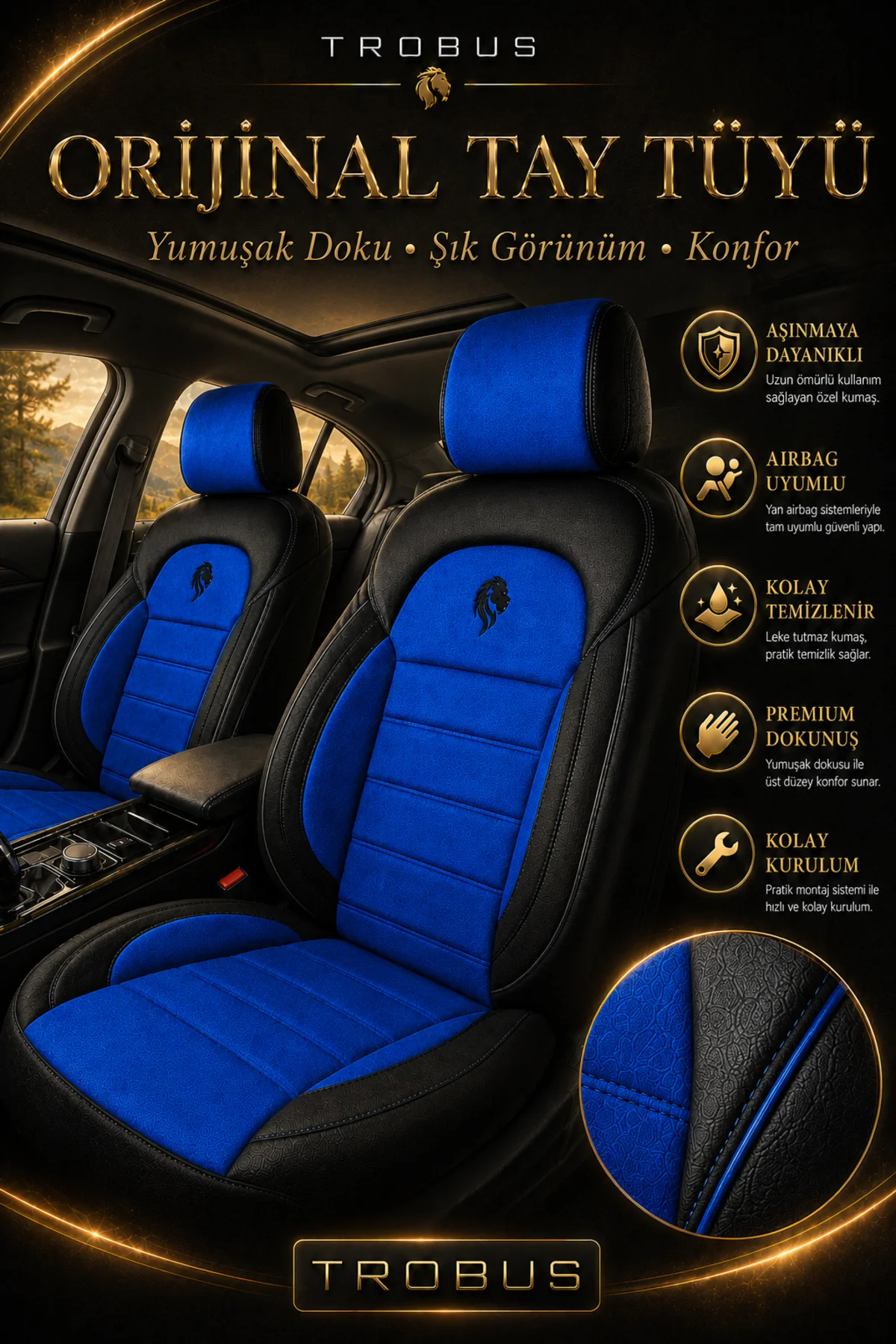 Nissan Primera 2002-2008 Uyumlu Lion Serisi Tay Tüyü Mavi Siyah Premium Koltuk Kılıfı Fiyatı, Yorumları ve Özellikleri