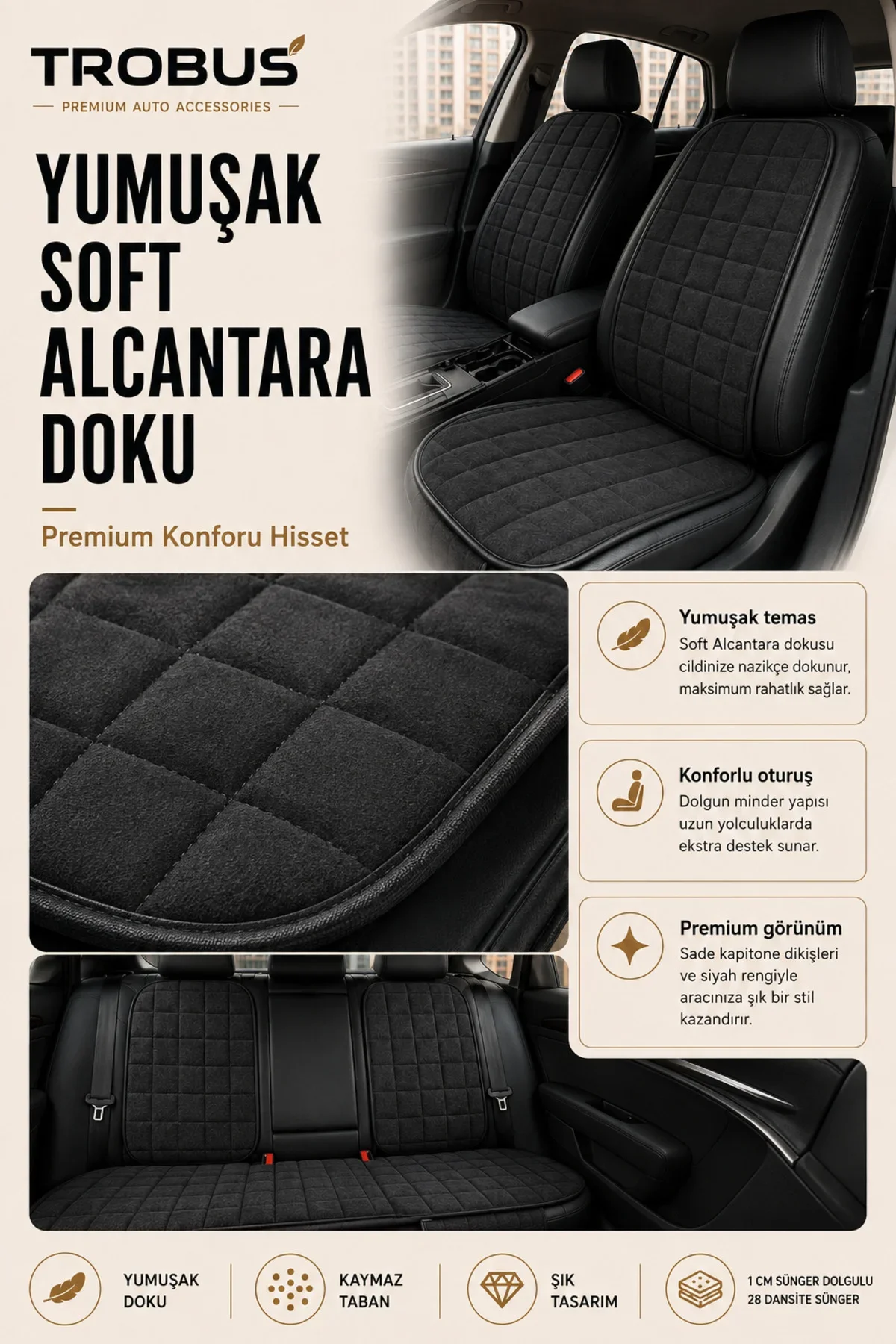 Nissan Primera 2002-2008 Soft Alcantara 7'li Oto Koltuk Minderi Siyah - Görsel 2