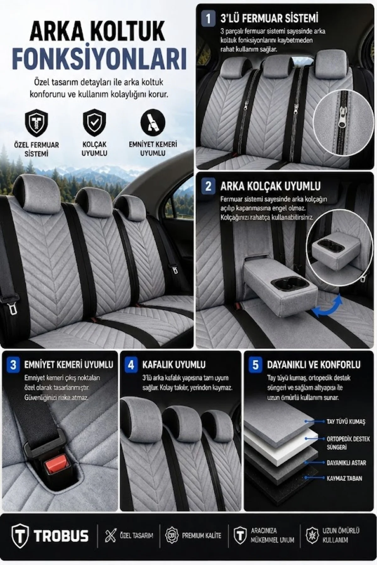 Nissan Pulsar 2016-2019 Uyumlu Süvari Serisi Tay Tüyü Gri Siyah Premium Koltuk Kılıfı